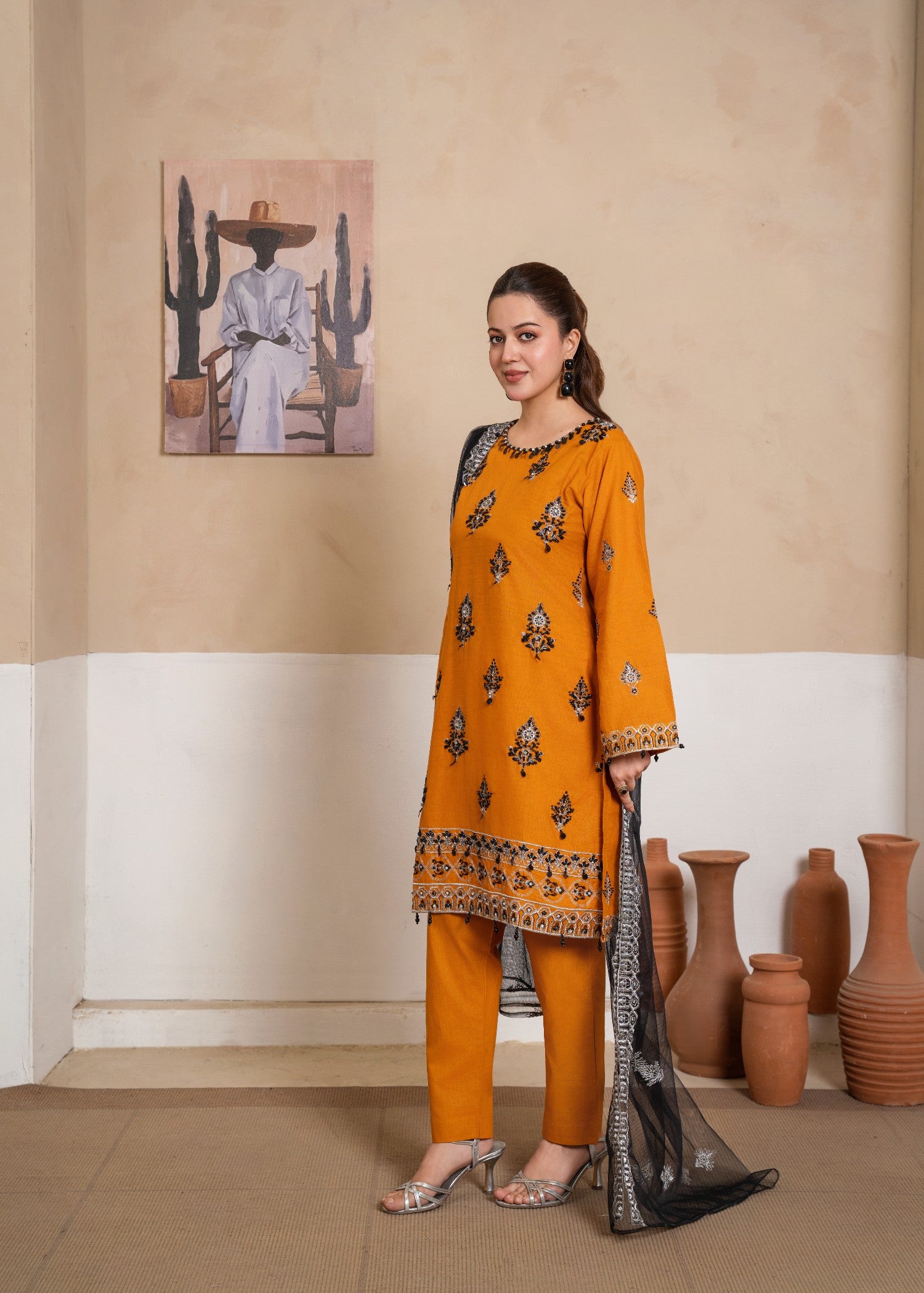 cambric cotton Kurta Set in Orange