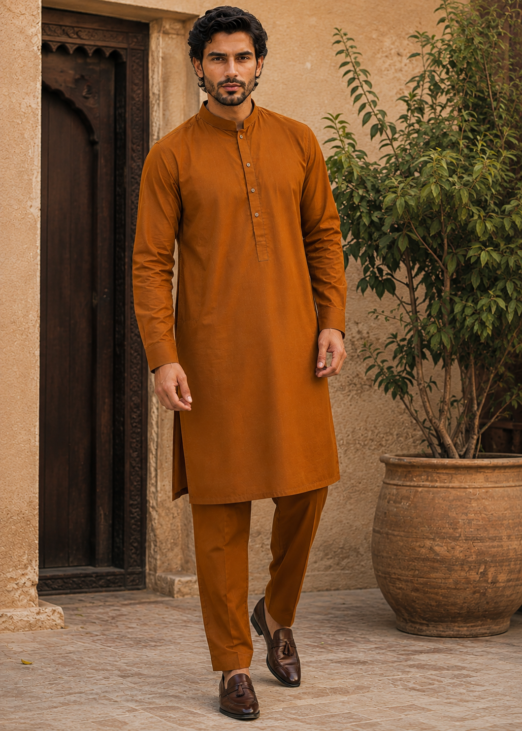 wash & wear Kurta Set in Rust orange