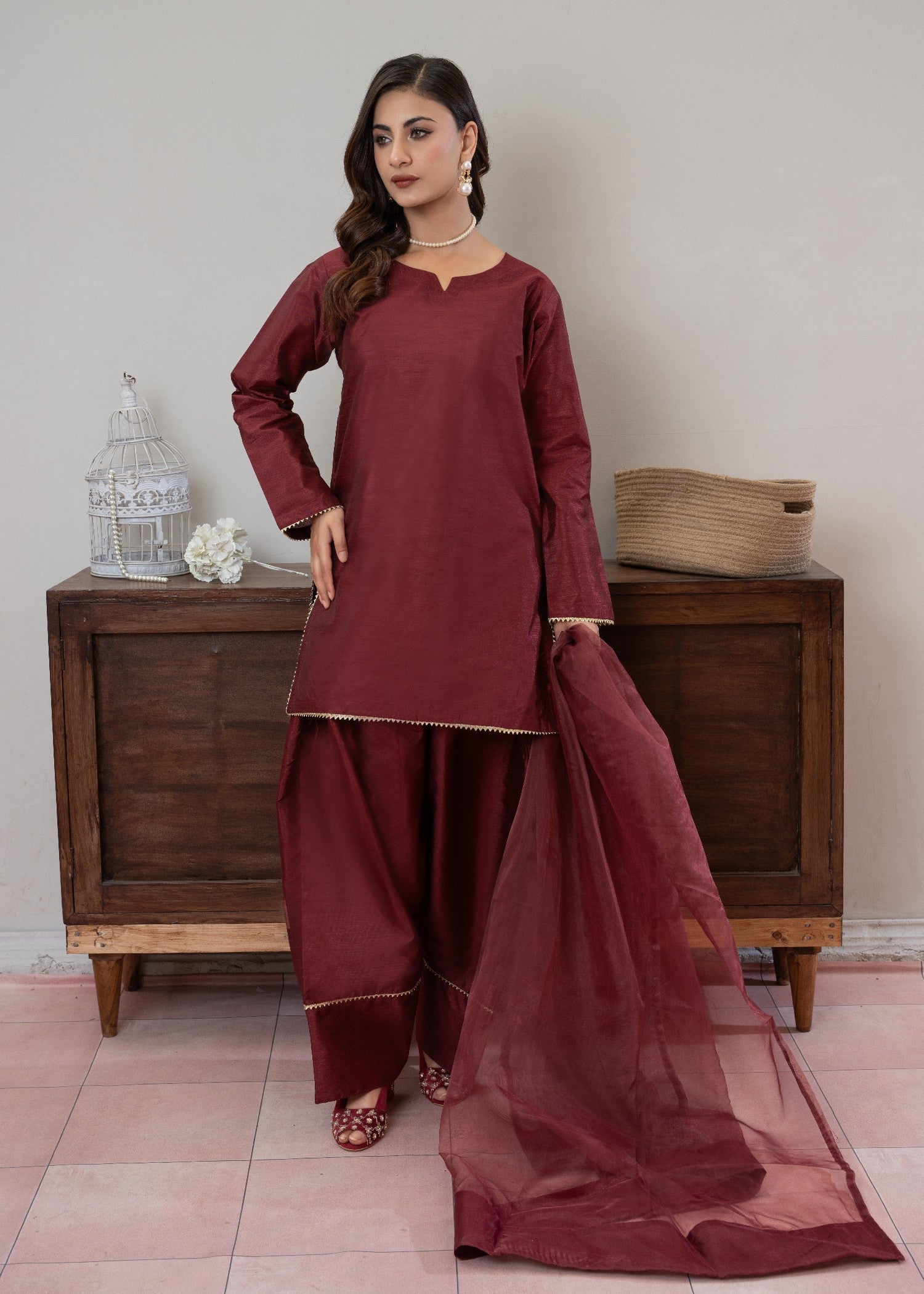 raw silk Kurta Set in Wine