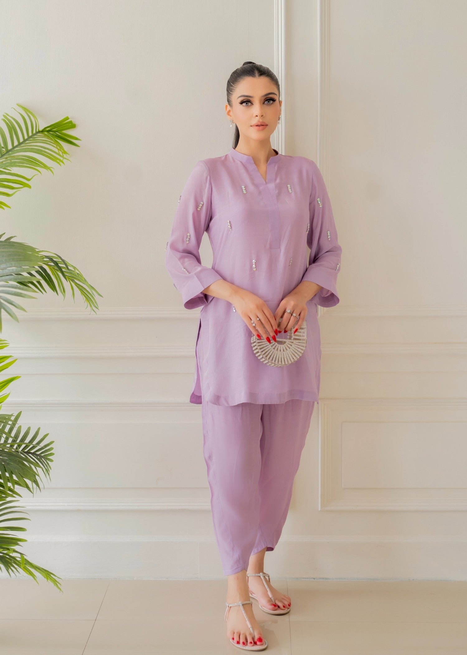 blended kattan silk Kurta Set in Lilac