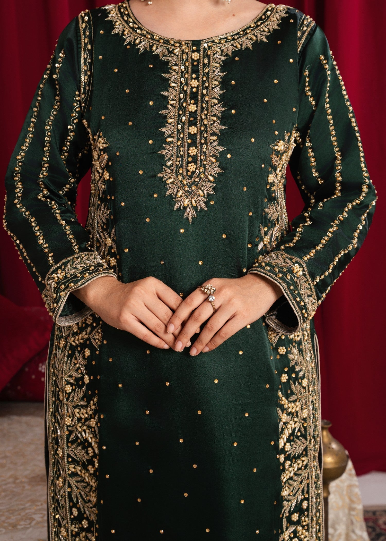 silk charmeuse Kurta Set in Bottle green