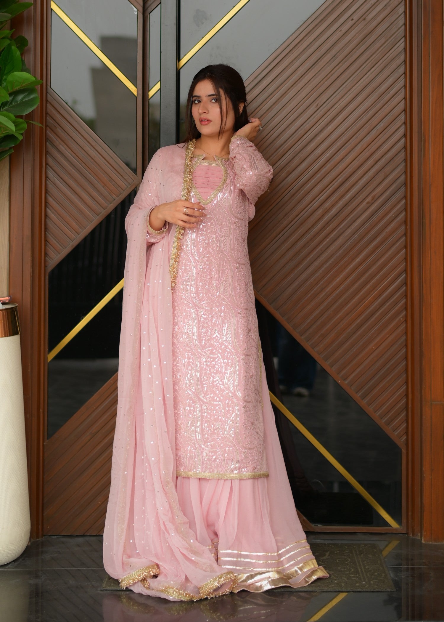 bemberg crinkle chiffon Sharara in Pink