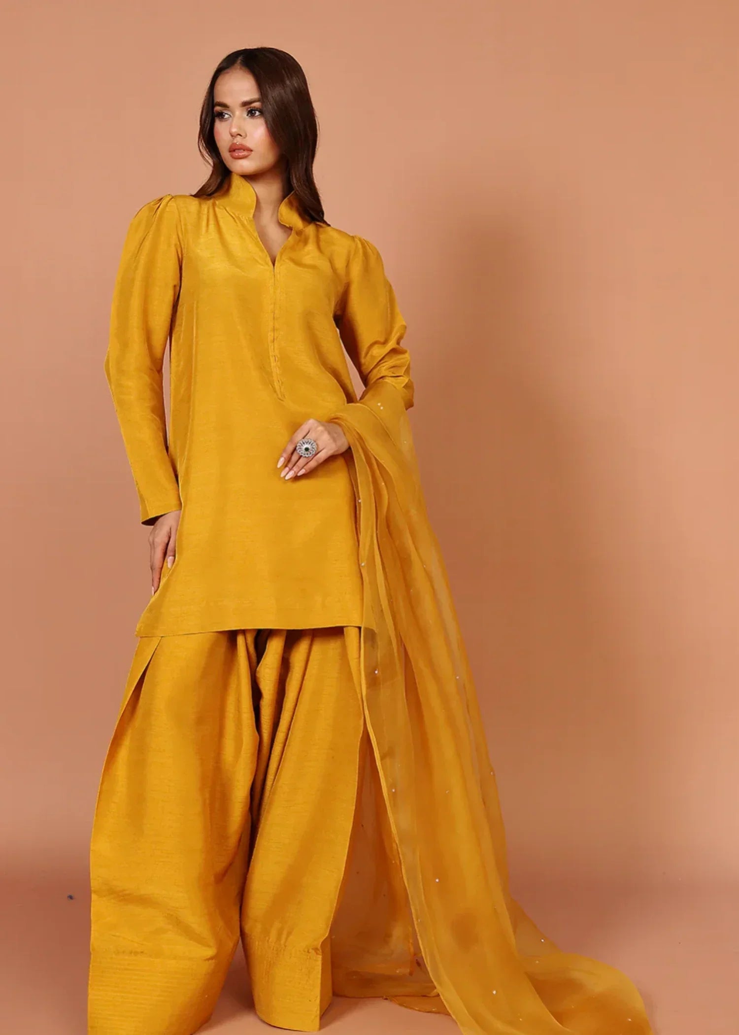 indian raw silk Kurta Set in Saffron