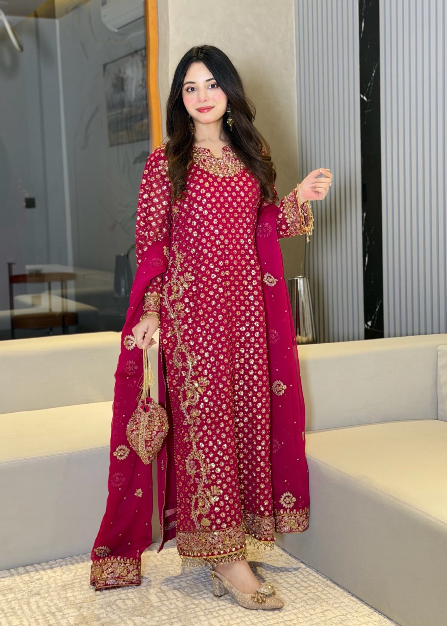 chiffon Kurta Set in Hot pink