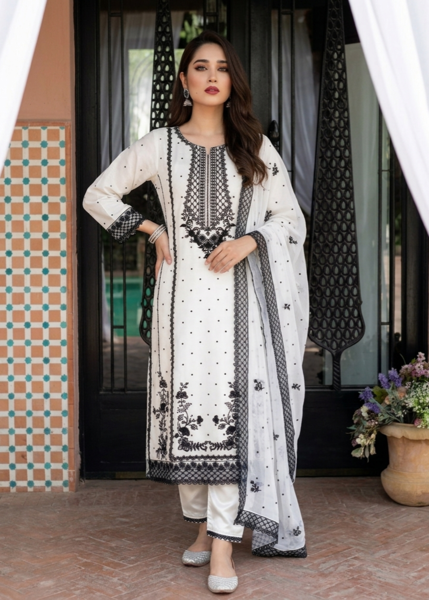 chiffon Kurta Set in White