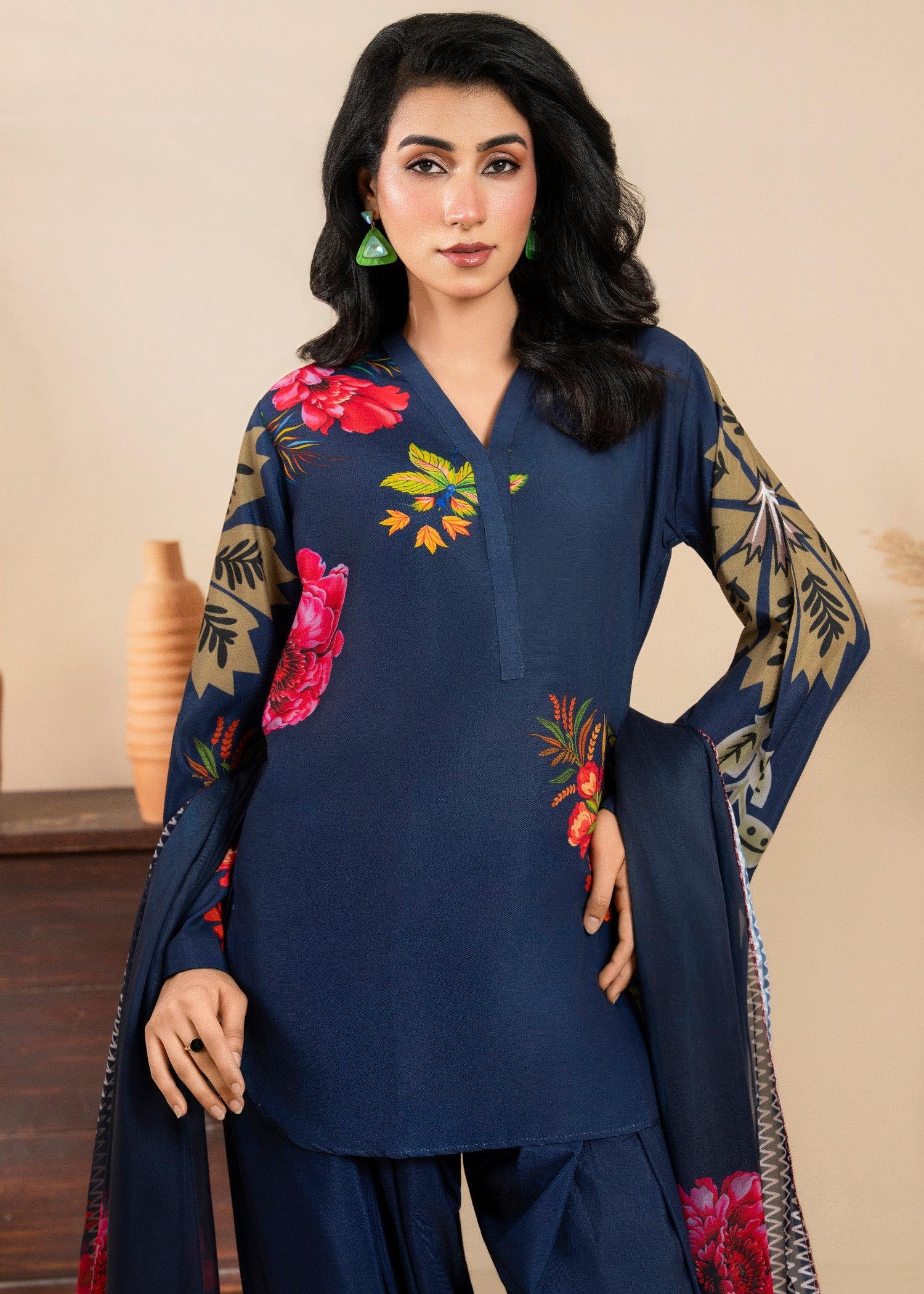 poly lawn Kurta Set in Prussian blue