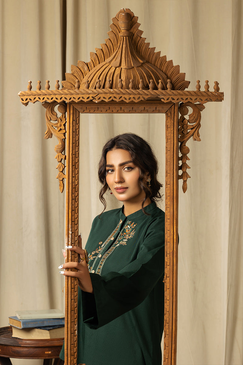 twill cambric Kurta Set in Dark green