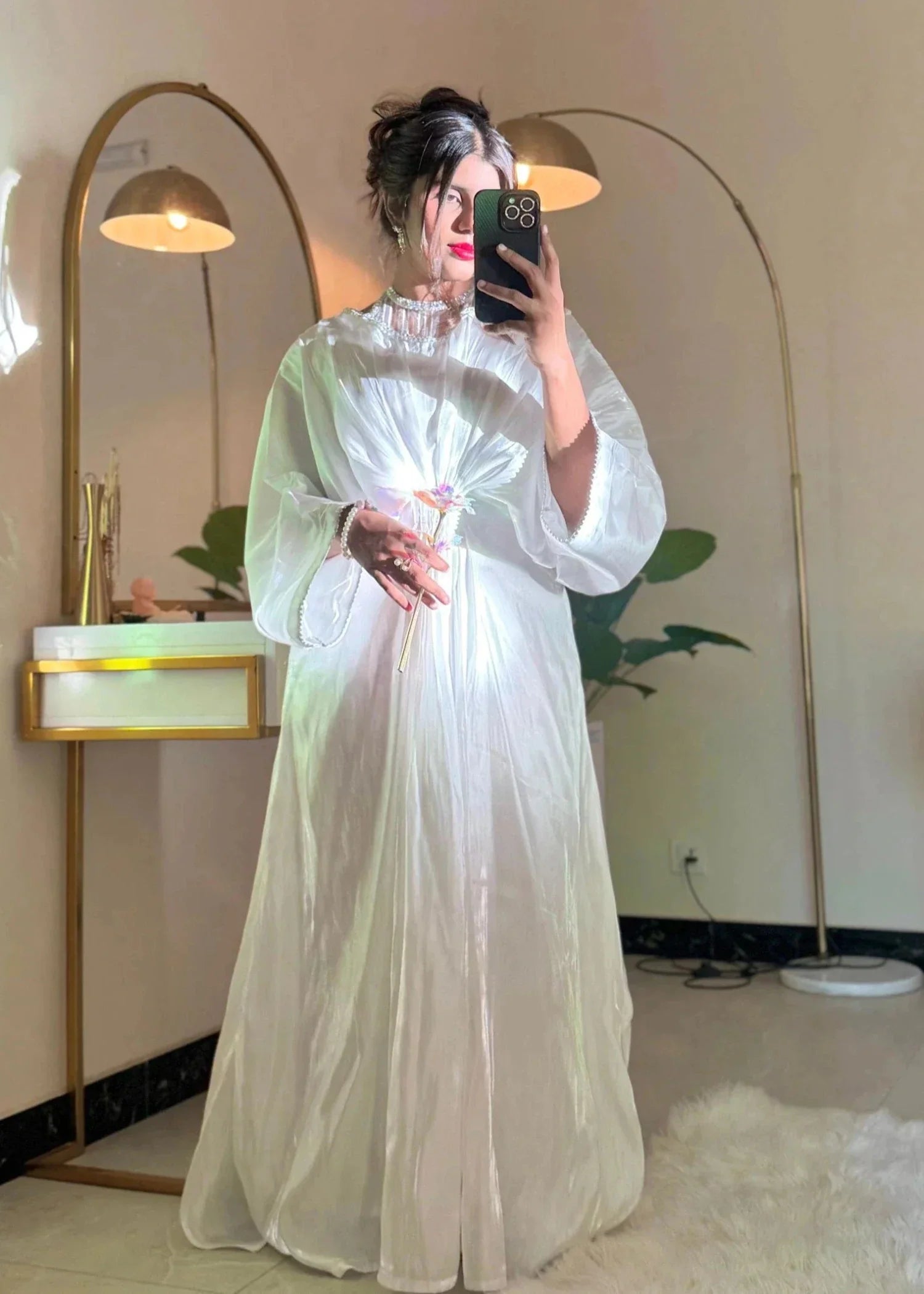 korean raw silk Kaftan in White