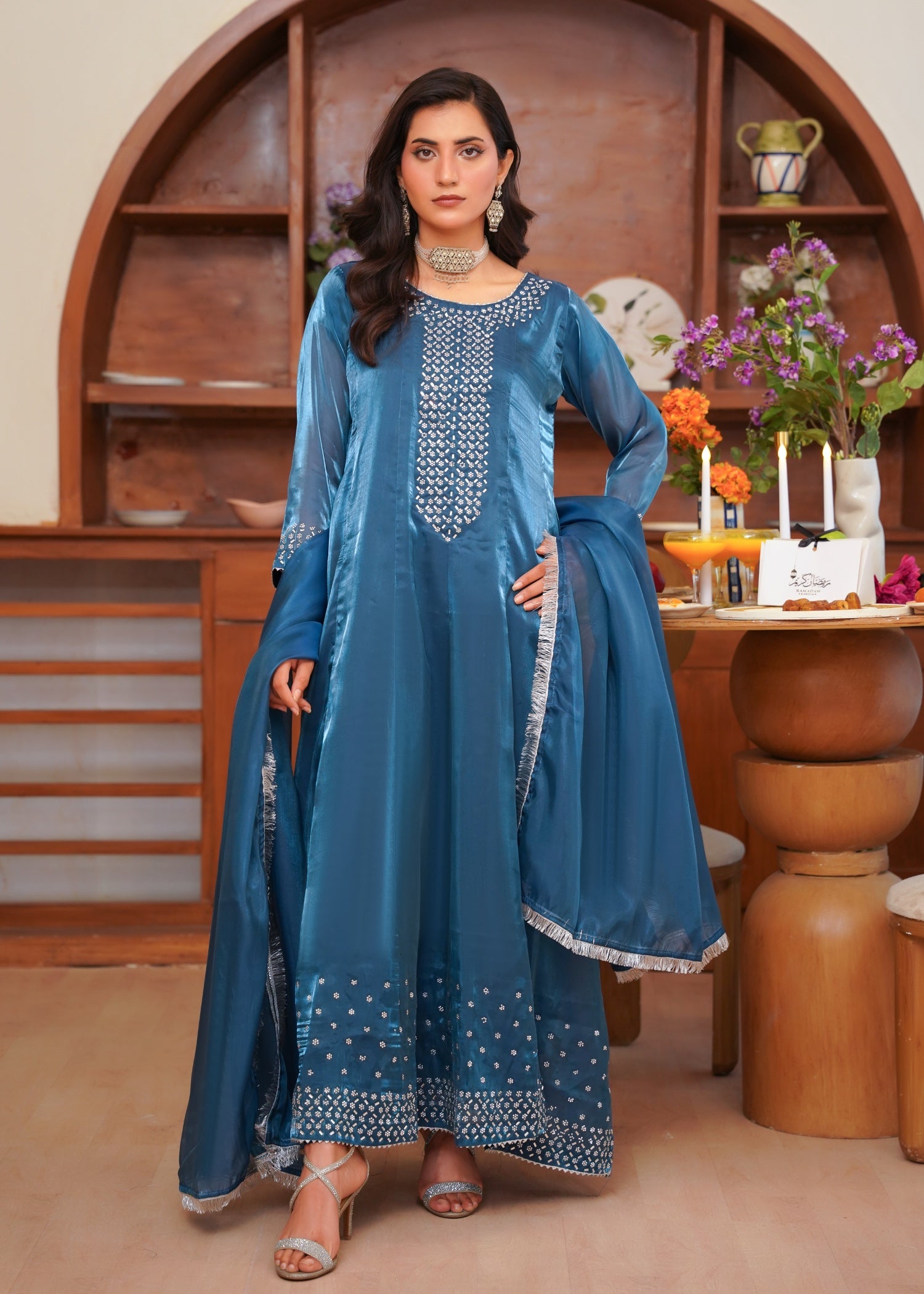 silk tissue Pishwas in Royal blue