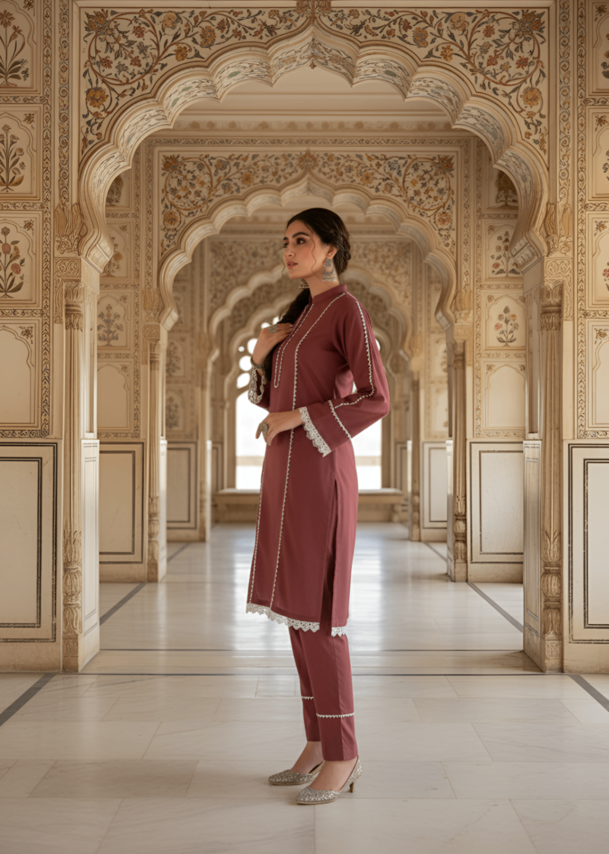 lawn cotton Kurta Set in Brown