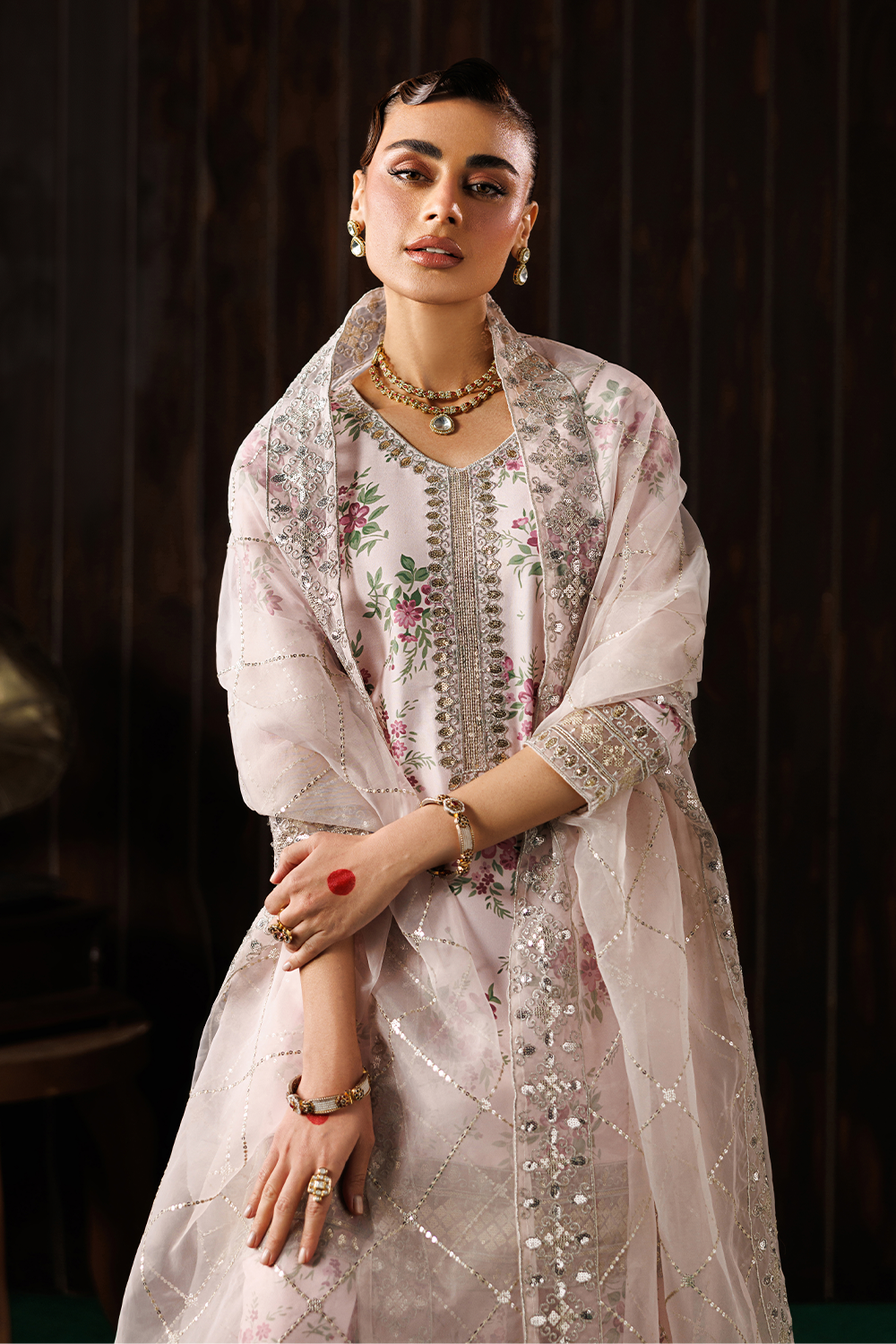 zari organza Kurta Set in Pastel pink