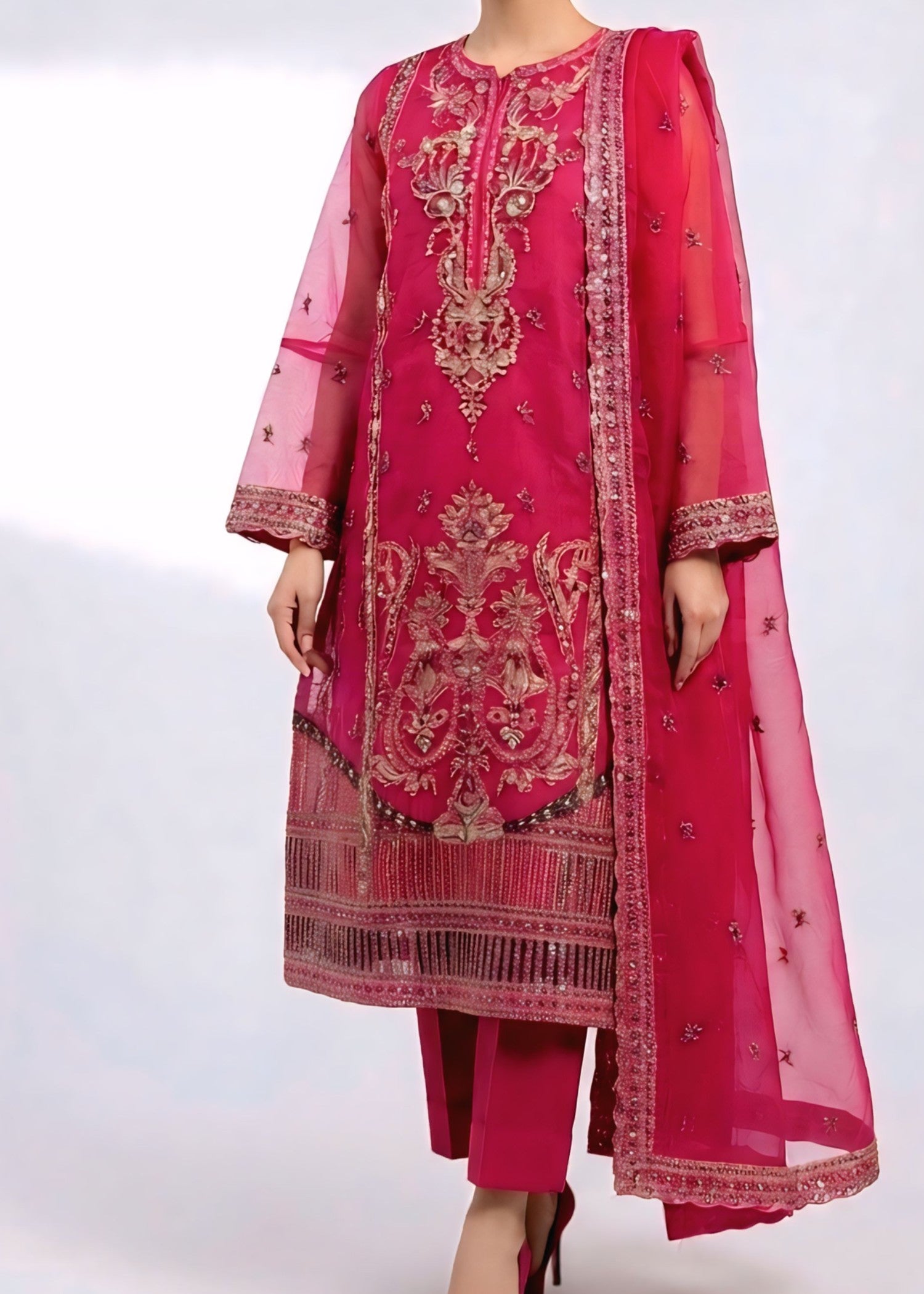 organza Kurta Set in Hot pink