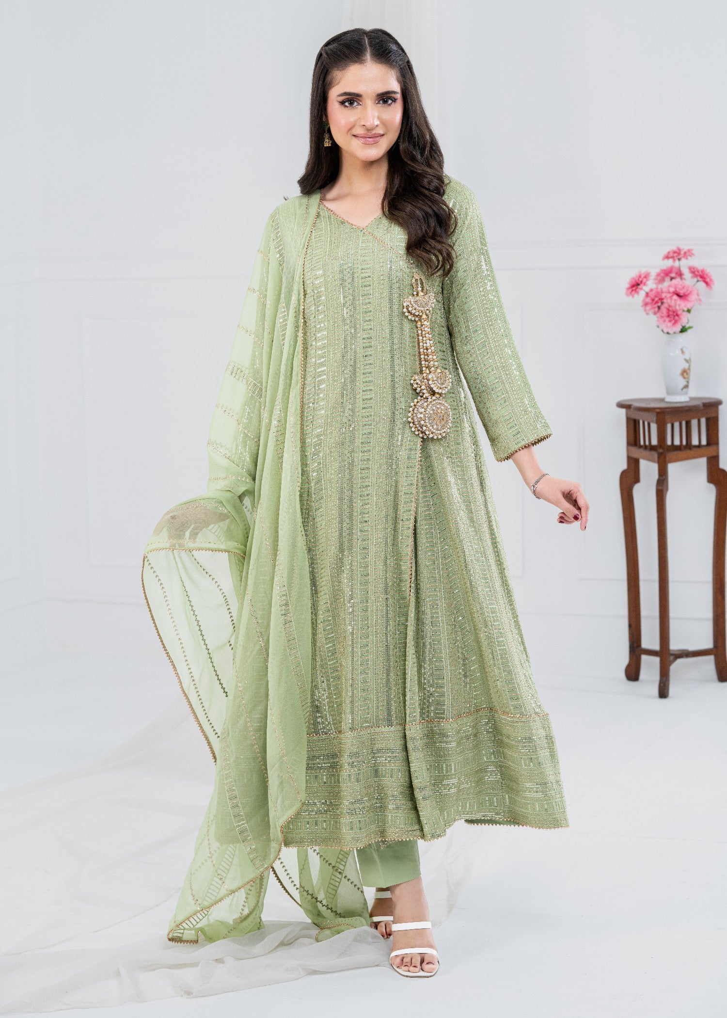 chiffon Angrakha in Pistachio green