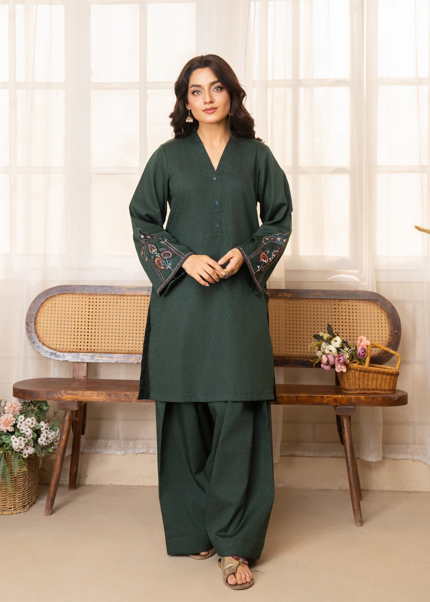 twill khaddar Kurta Set in Dark green