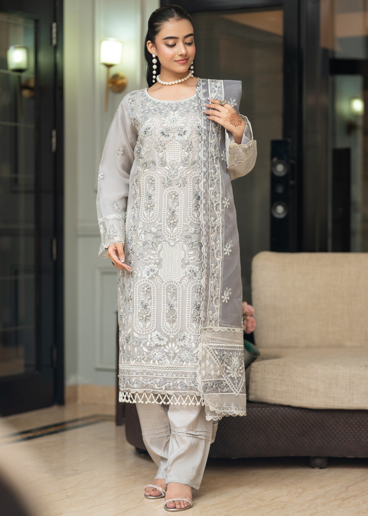 organza Kurta Set in Grey