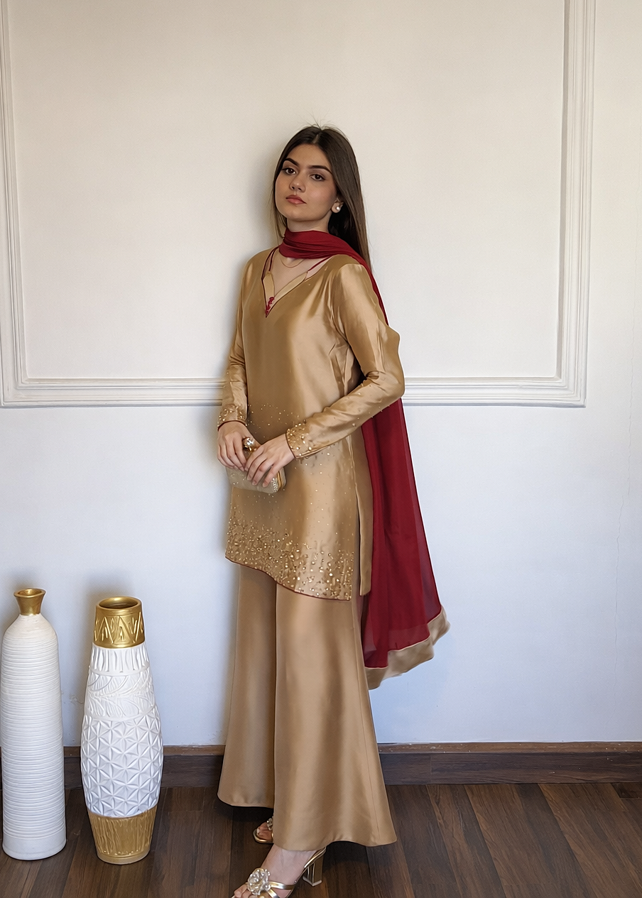 tissue silk Kurta Set in Almond brown