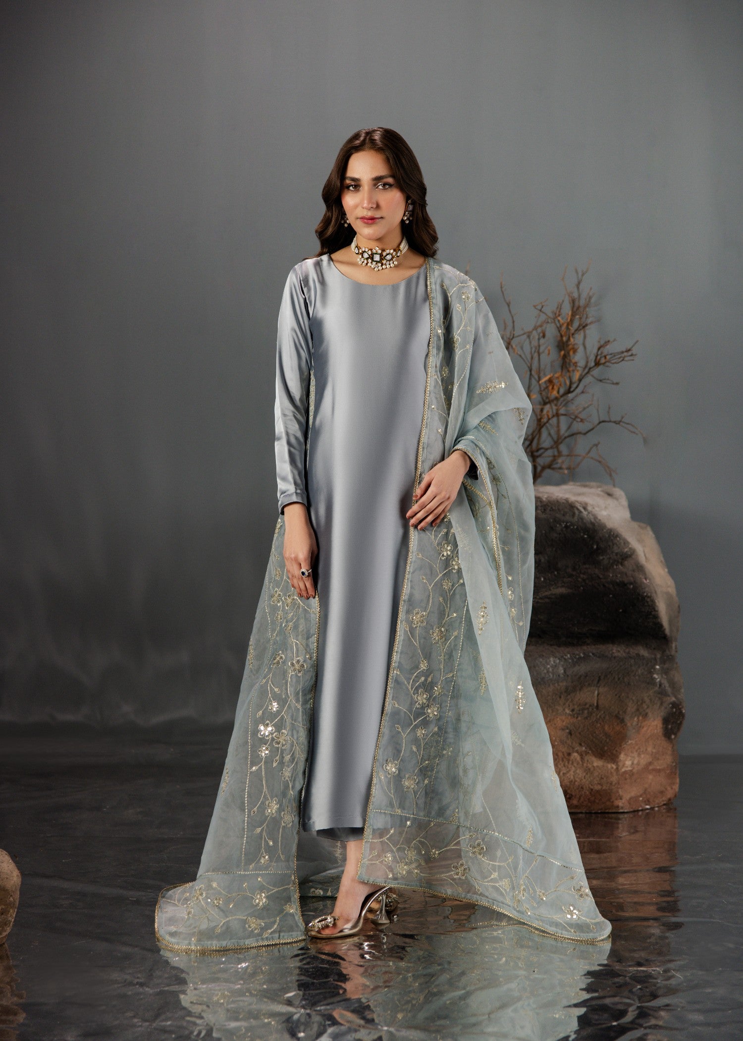 silk Kurta Set in Duck egg grey