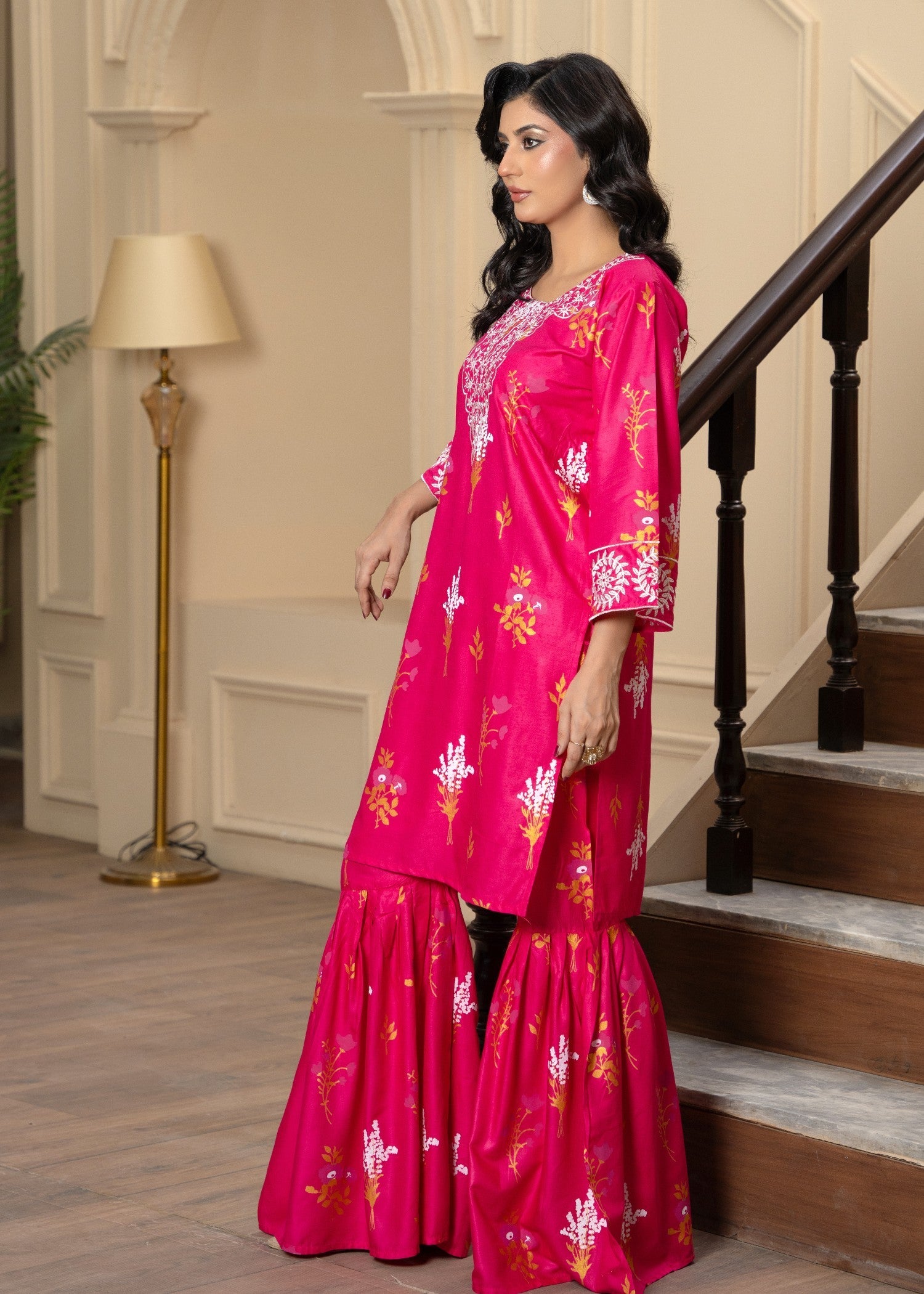 cambric Gharara in Hot pink