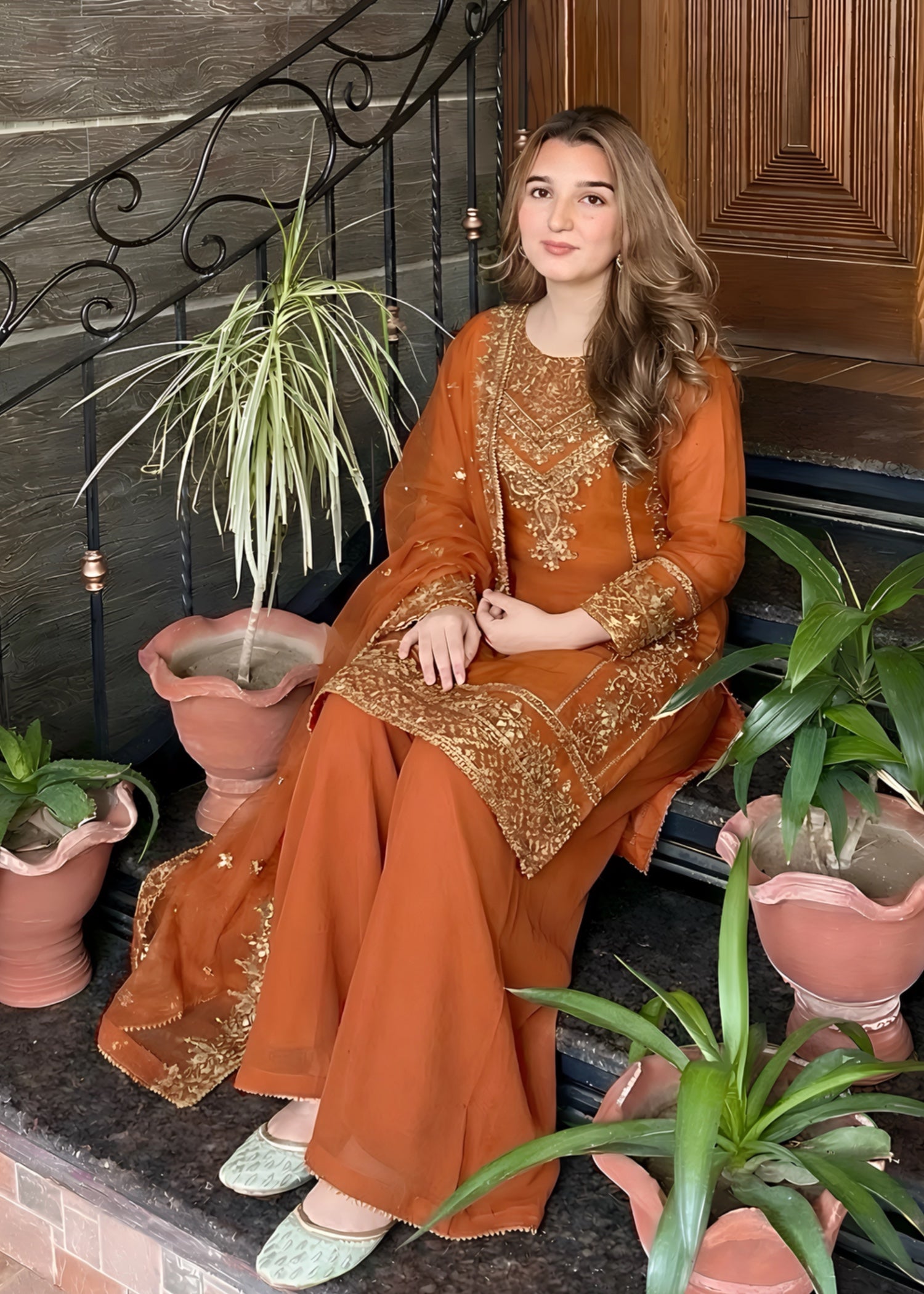 chiffon Sharara in Rust orange
