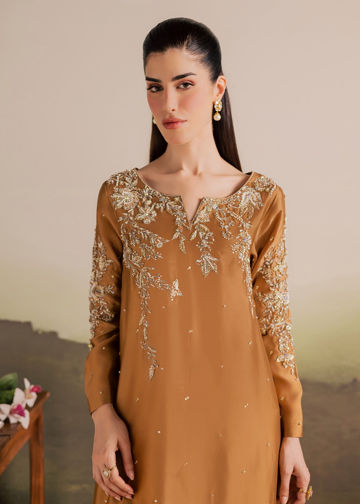 tussar silk Kaftan in Caramel brown
