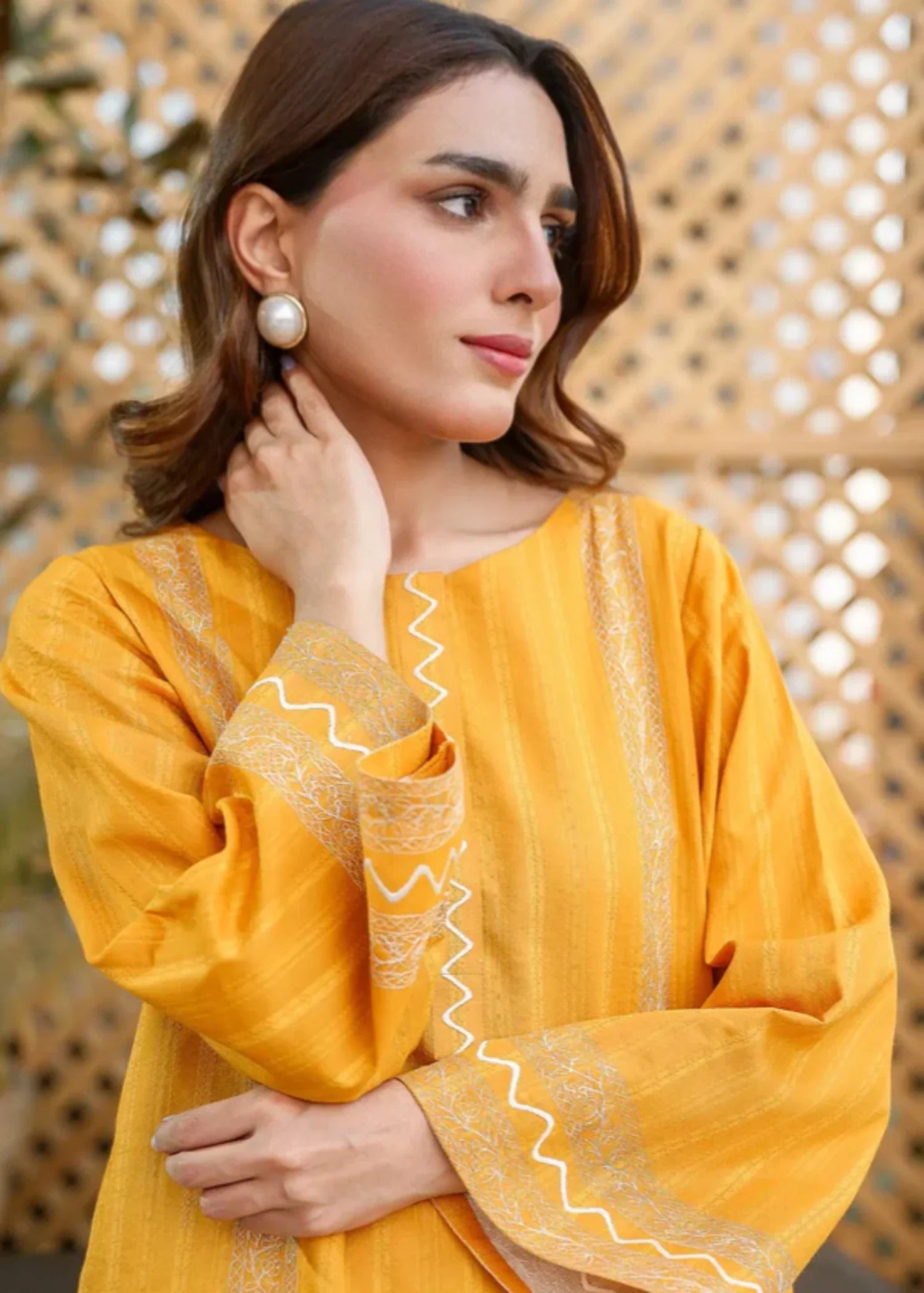 textured lawn Kurta Set in Yellow-orange