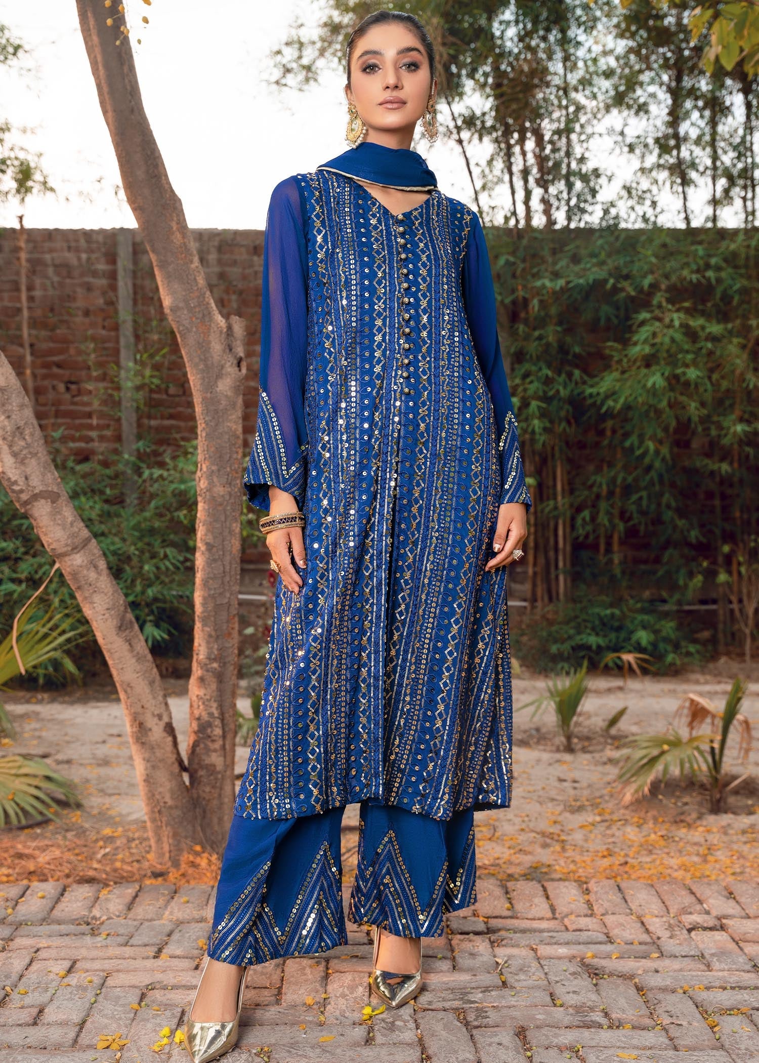 chikankari cotton Gown in Blue