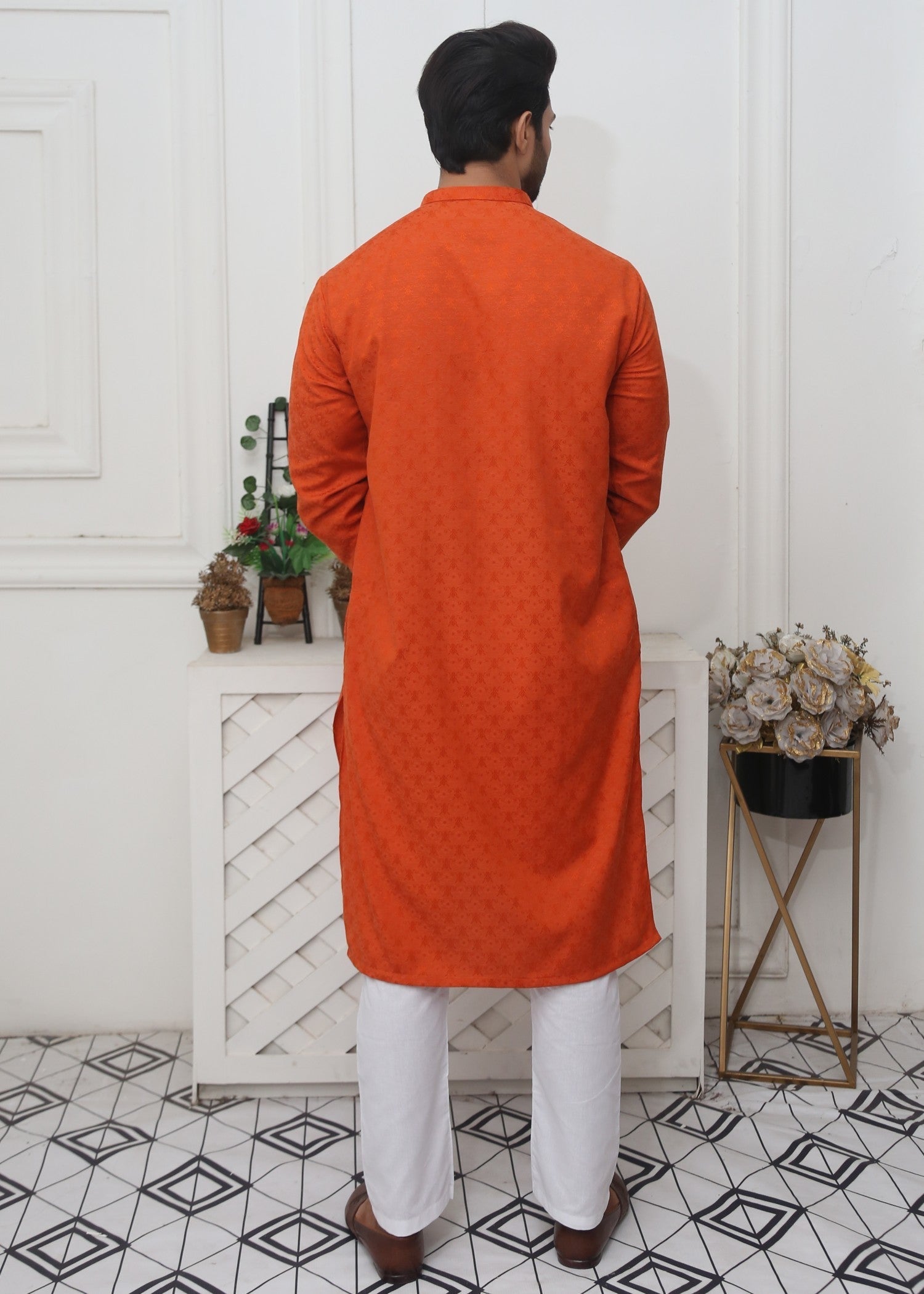 cotton jamawar Kurta in Rust orange