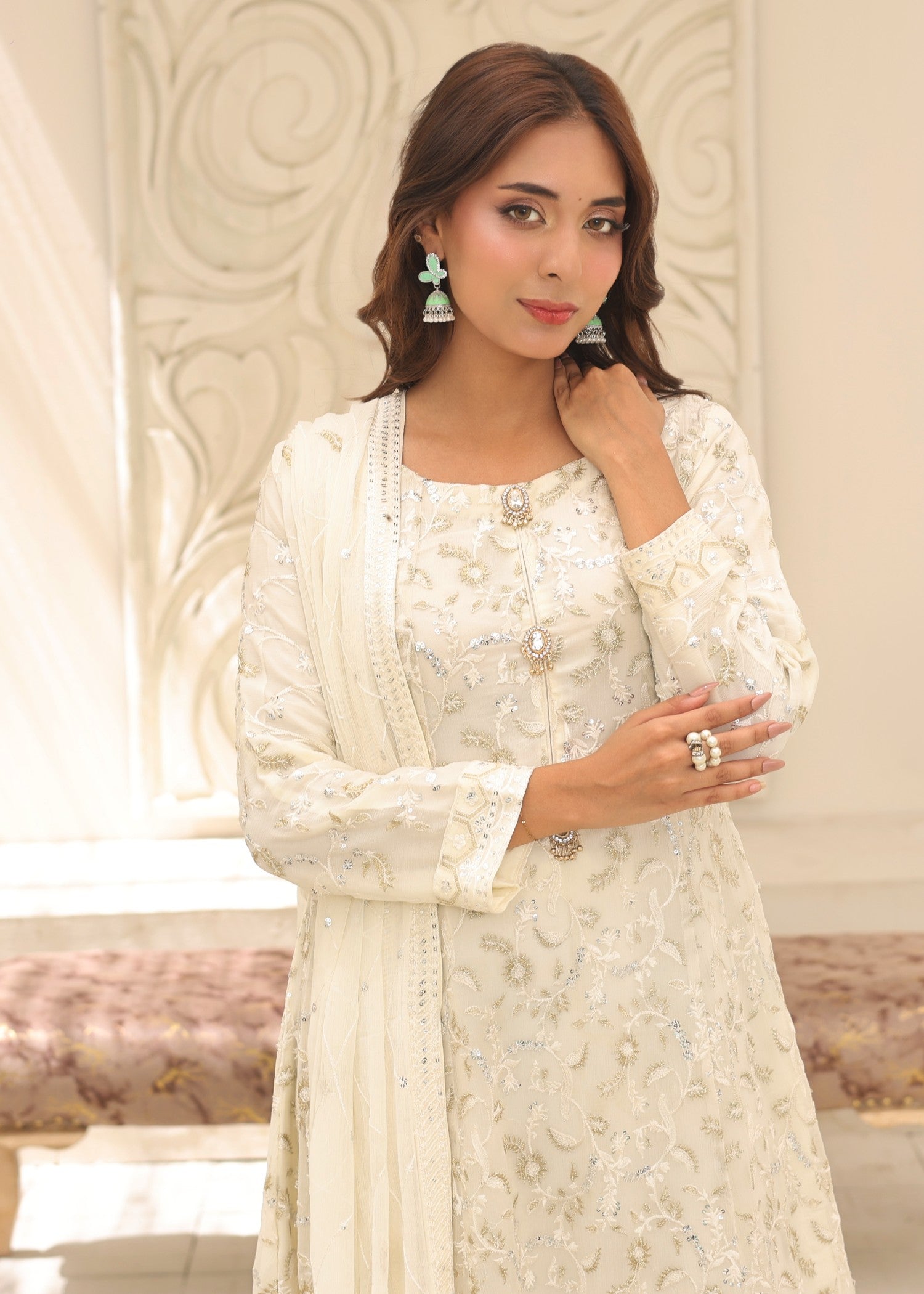 bemberg crinkle chiffon Maxi in Off-white