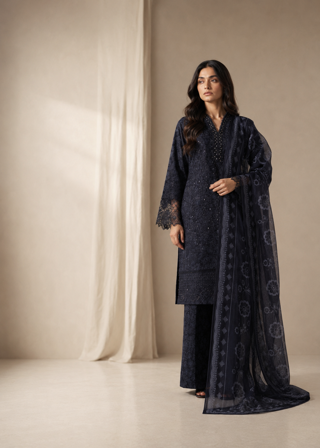 cotton Kurta Set in Black, charcoal black, coal