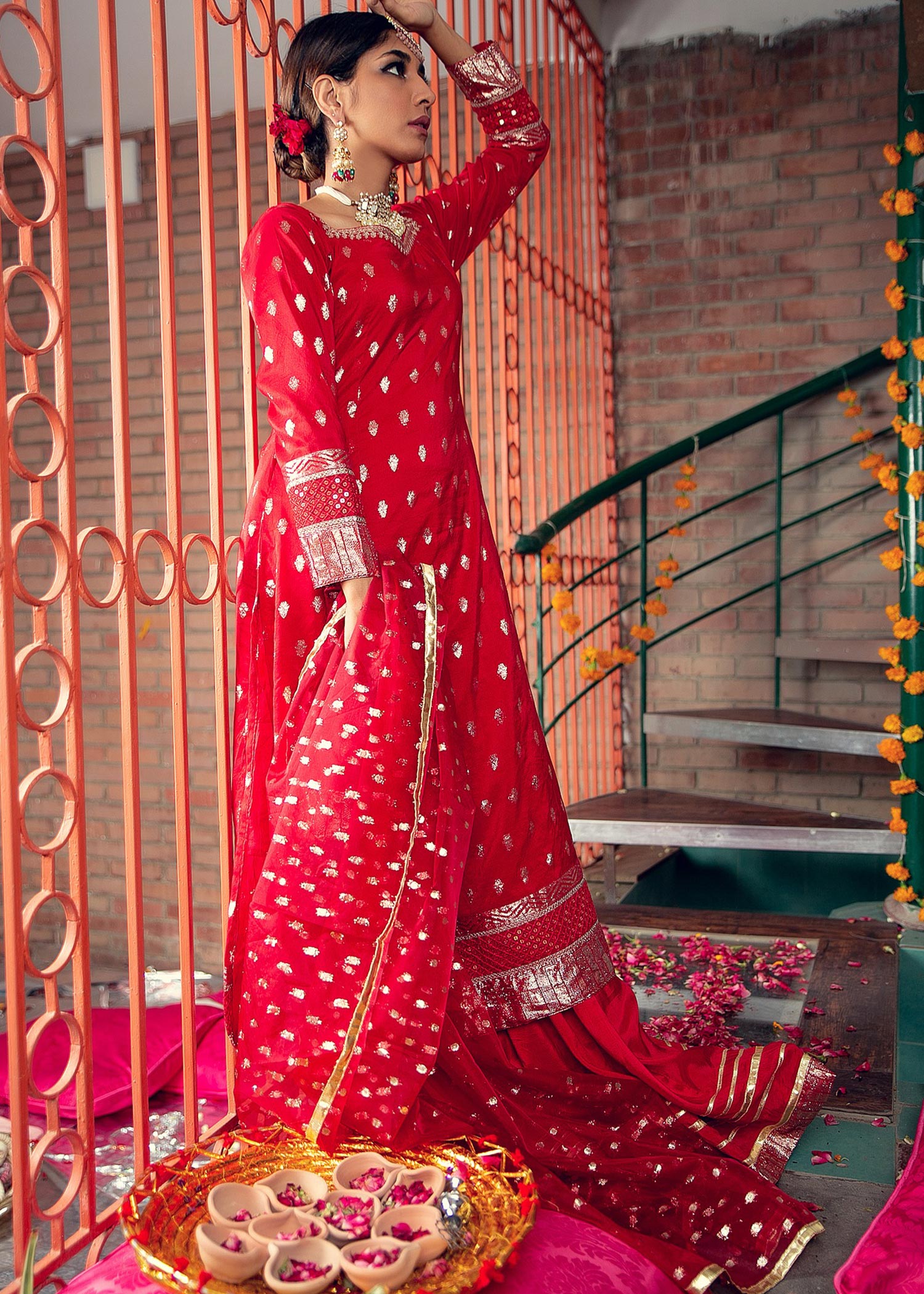 lawn karandi Gharara in Red