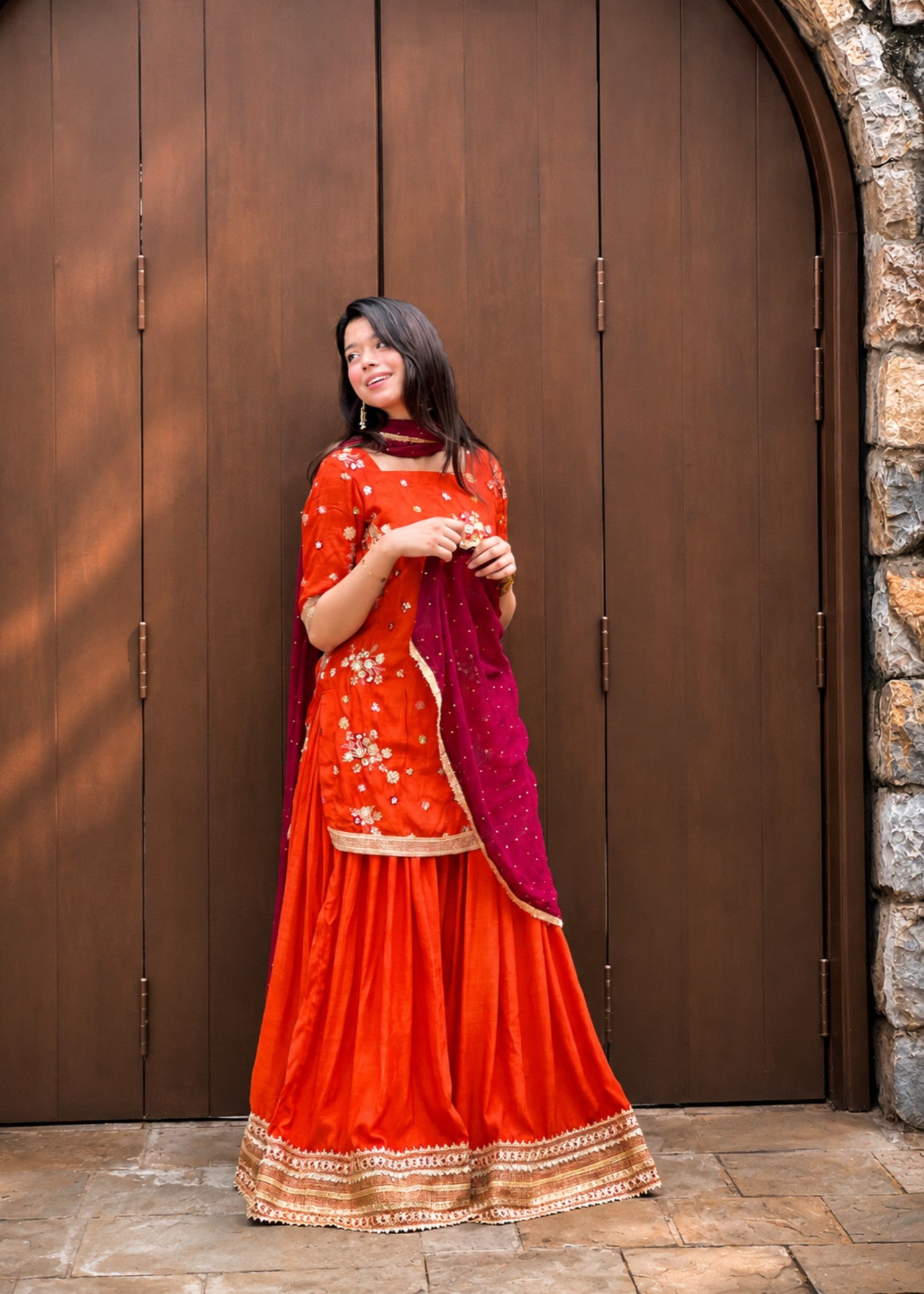 raw silk Sharara in Burnt orange