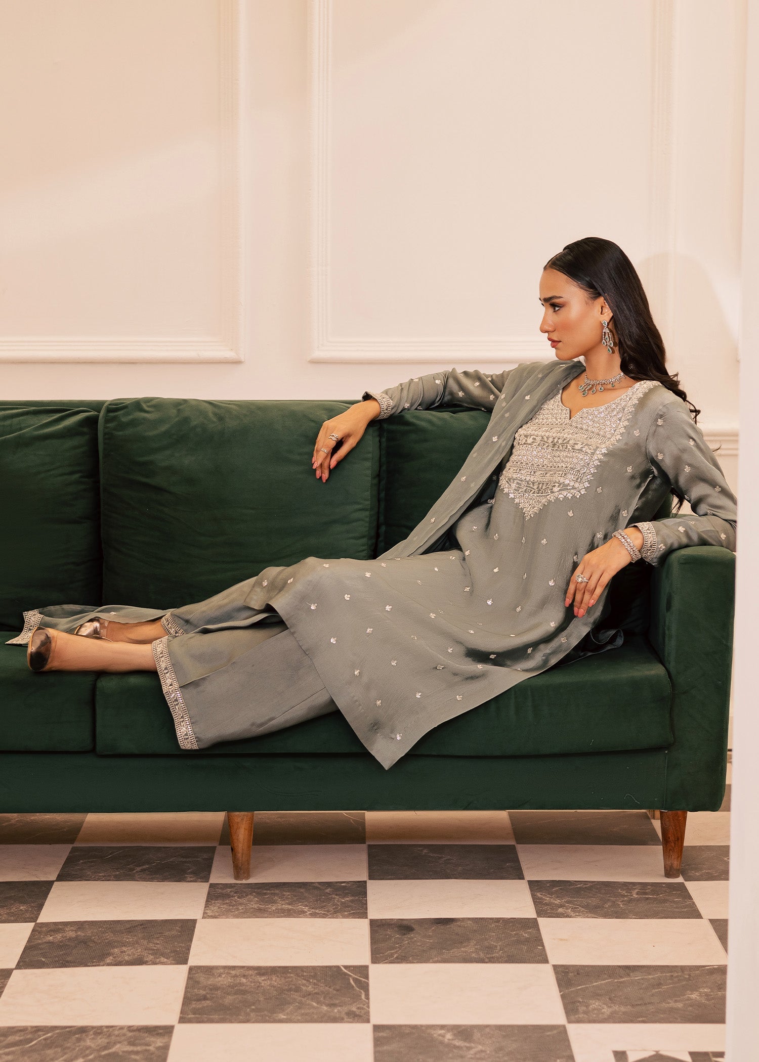 thai silk Kurta Set in Ash grey
