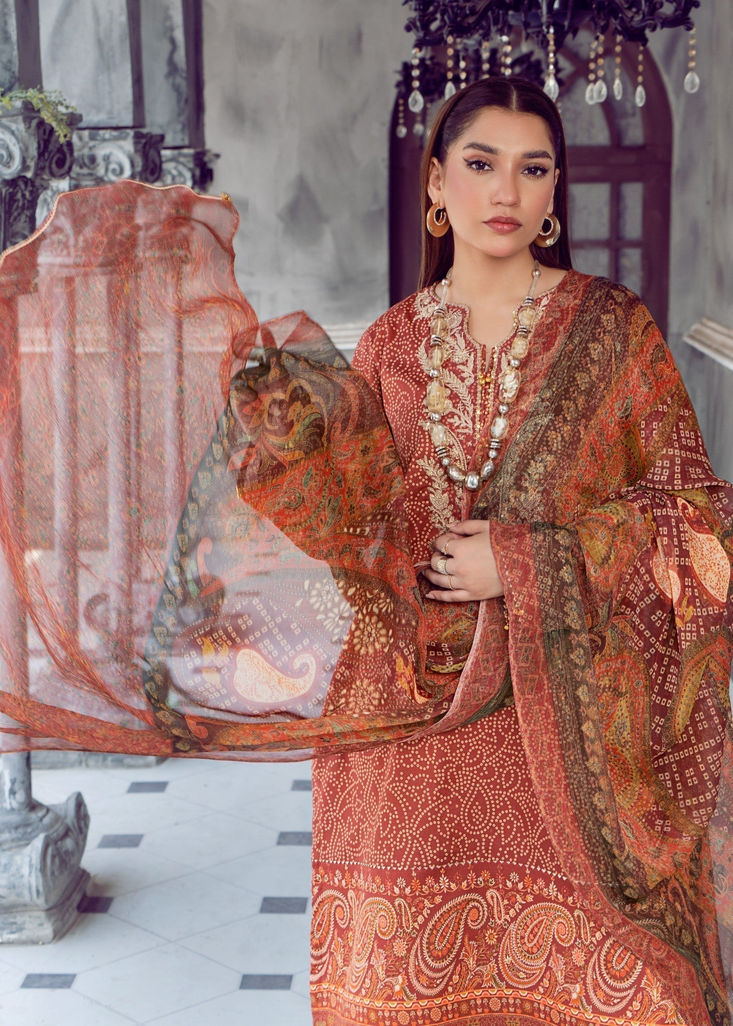 lawn Kurta Set in Rust orange
