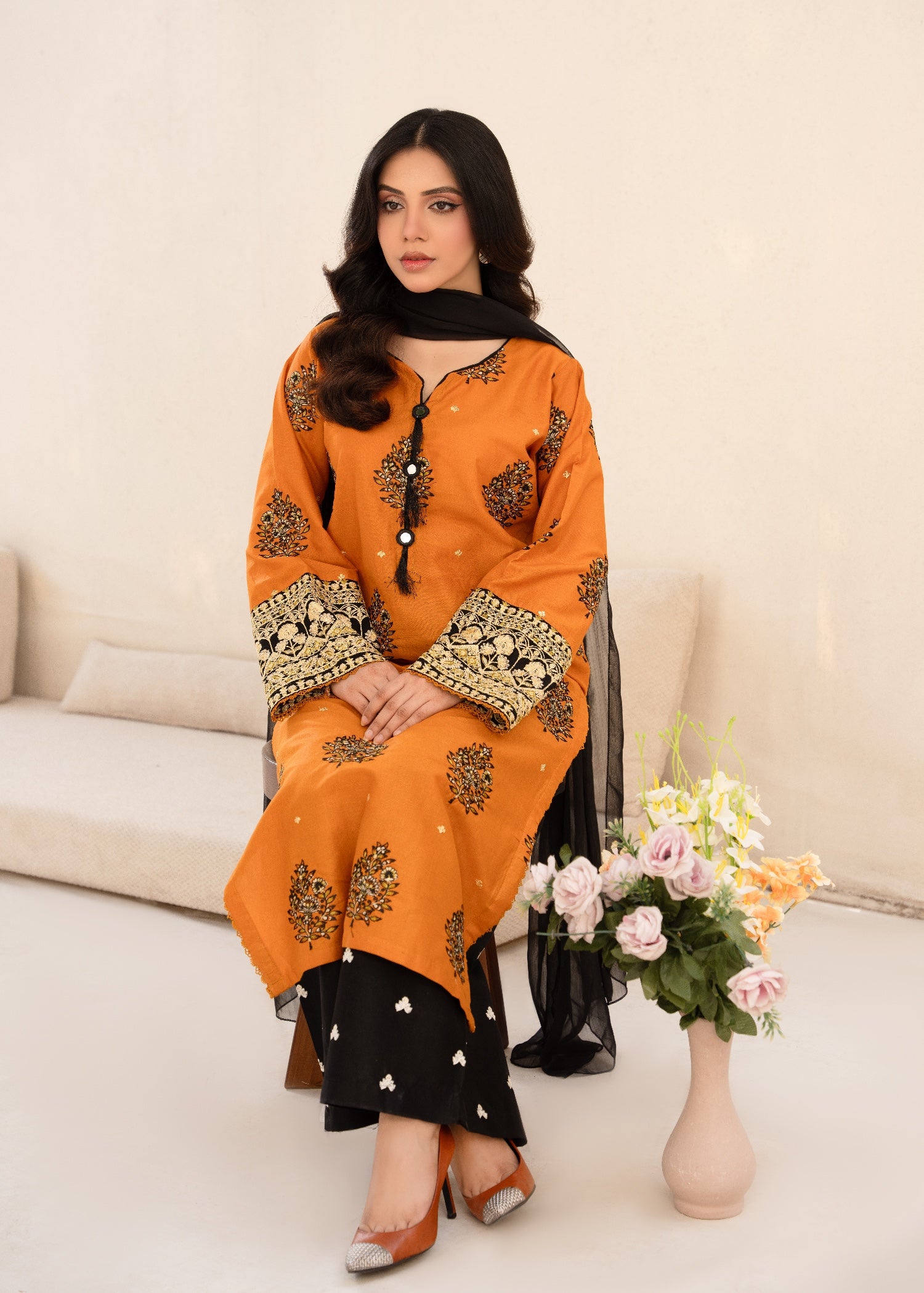 cambric Kurta Set in Yellow-orange