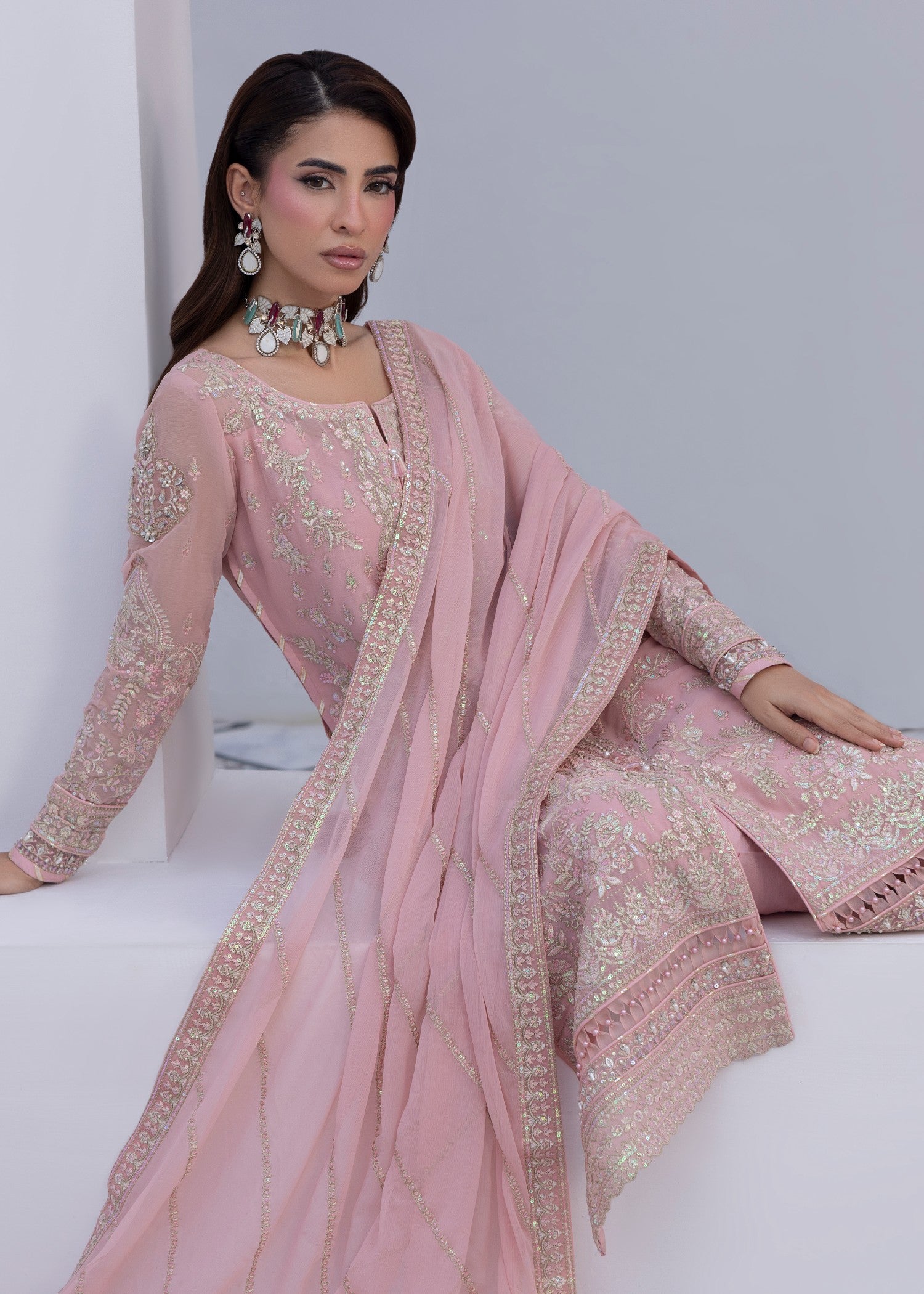 chiffon Kurta Set in Baby pink