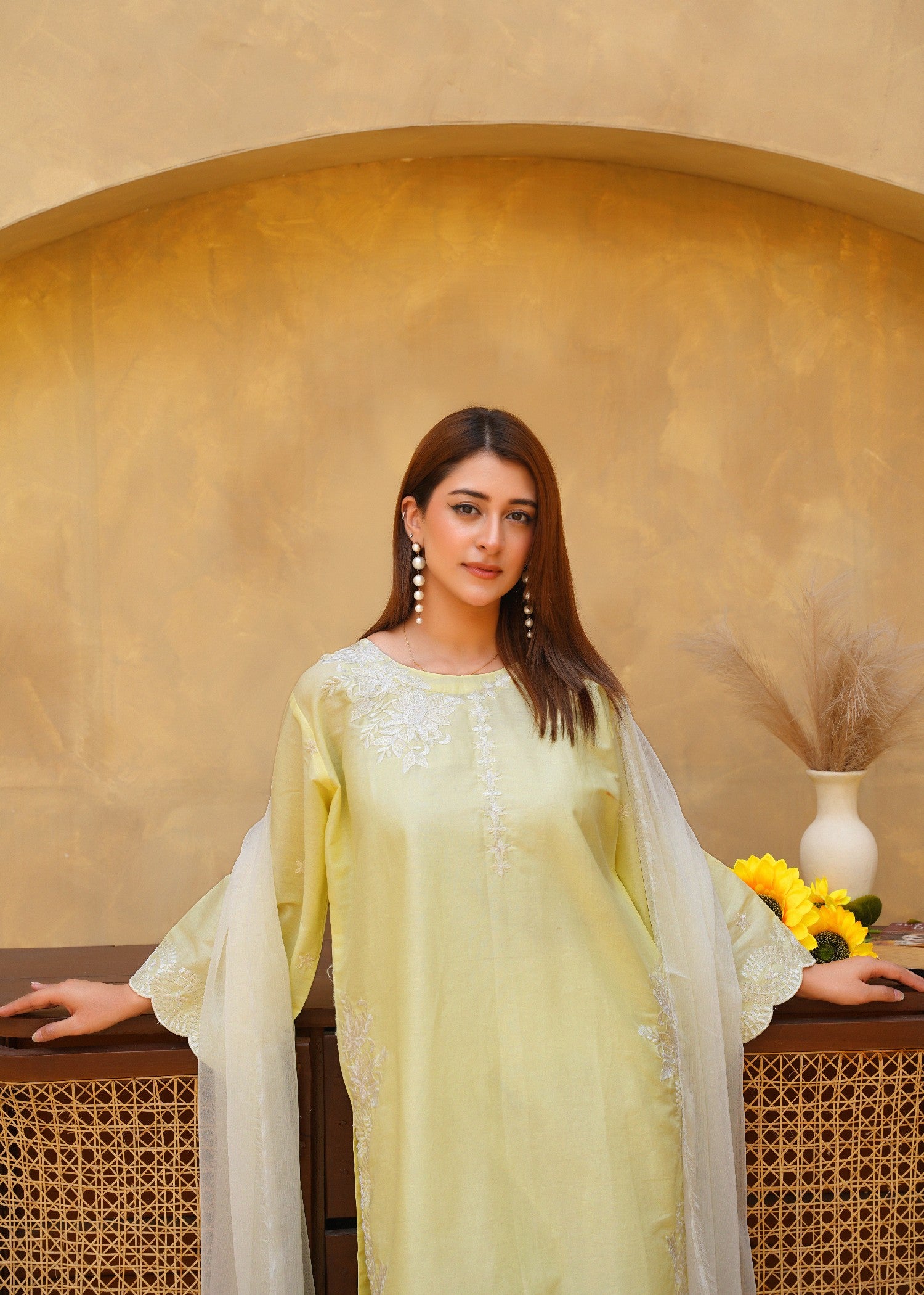 lawn cotton Kurta Set in Off-white, lemon
