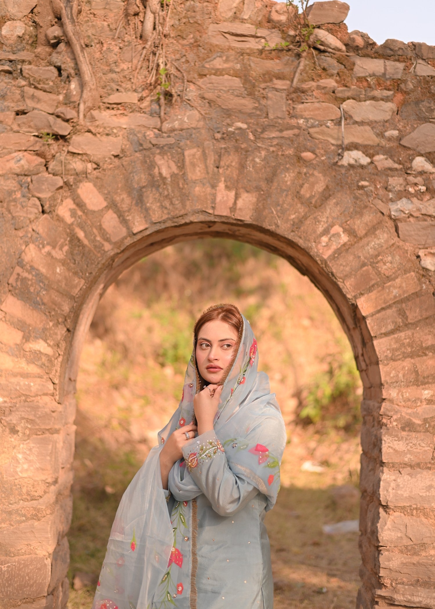 silk crepe Kurta Set in Light blue