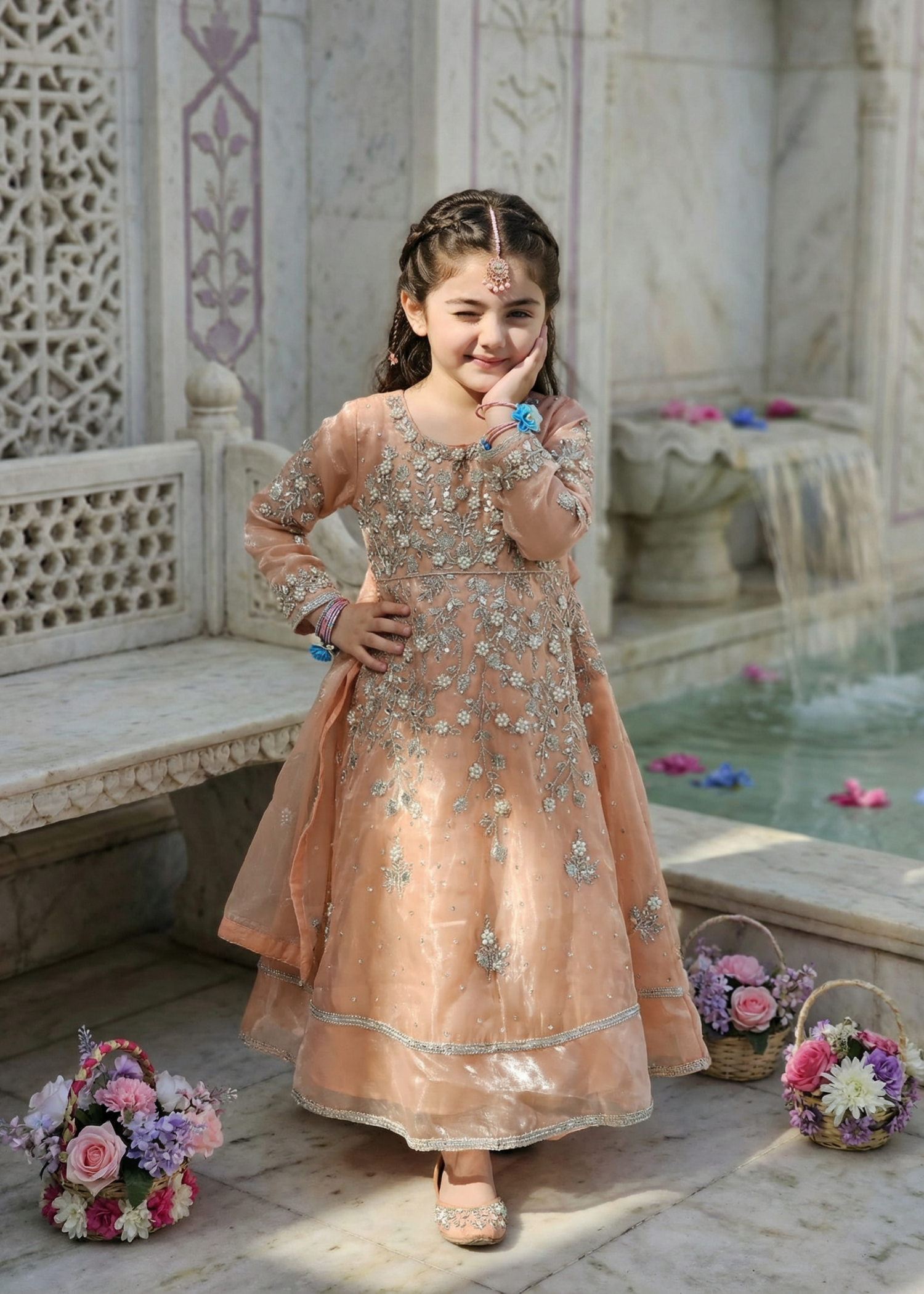 tissue silk Pishwas in Peach pink