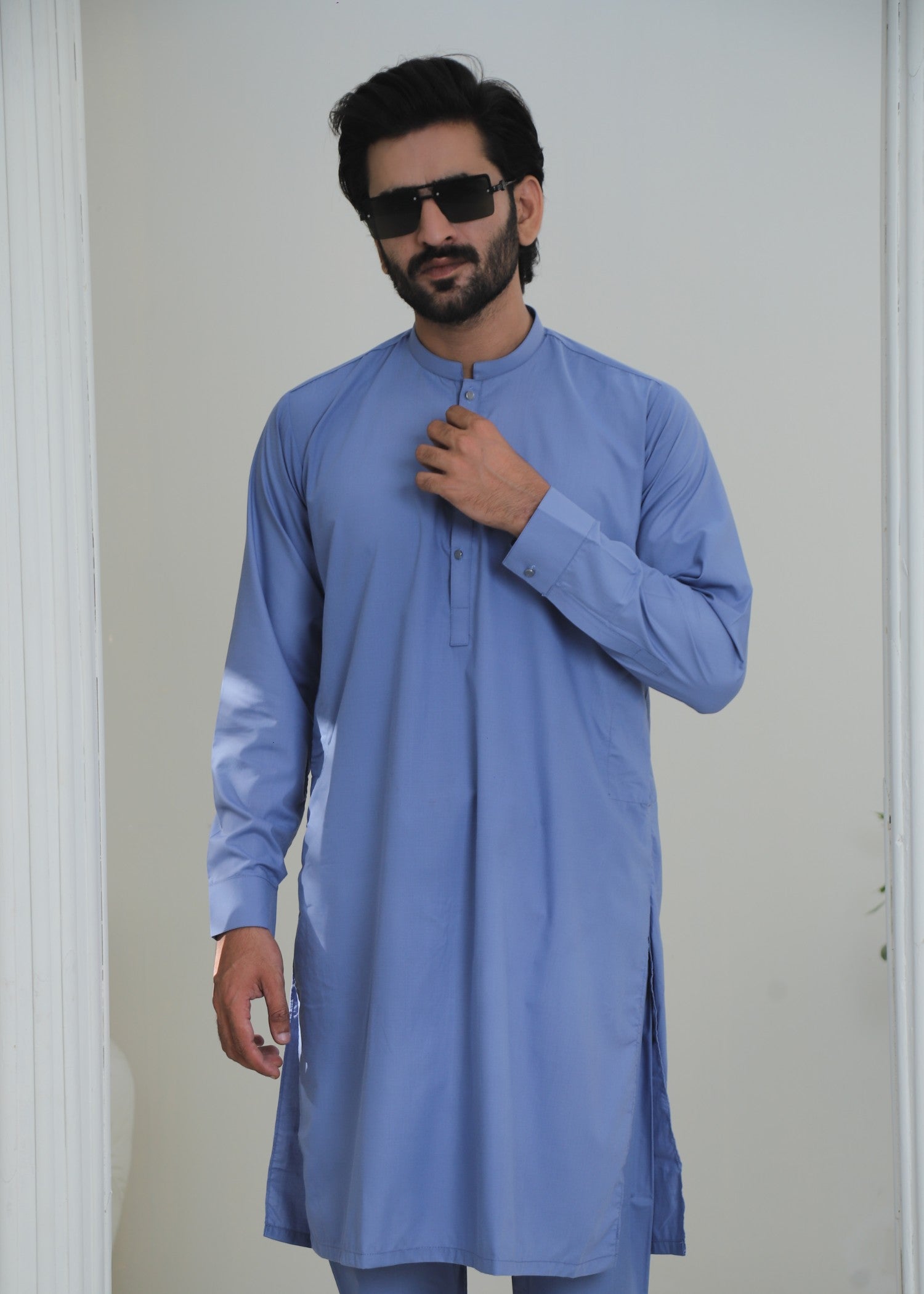 wash & wear Kurta Set in Steel blue