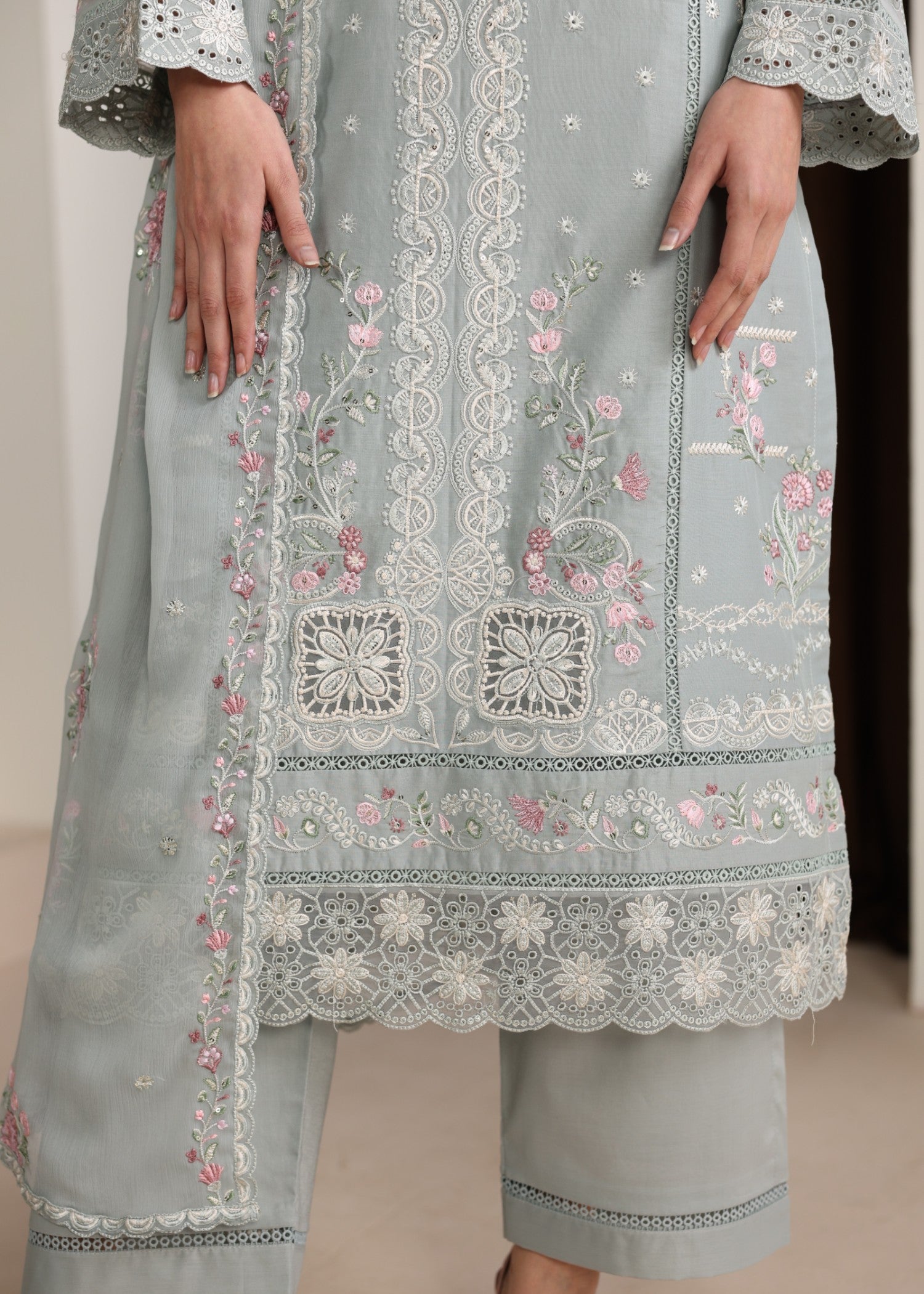 lawn Kurta Set in Ash grey