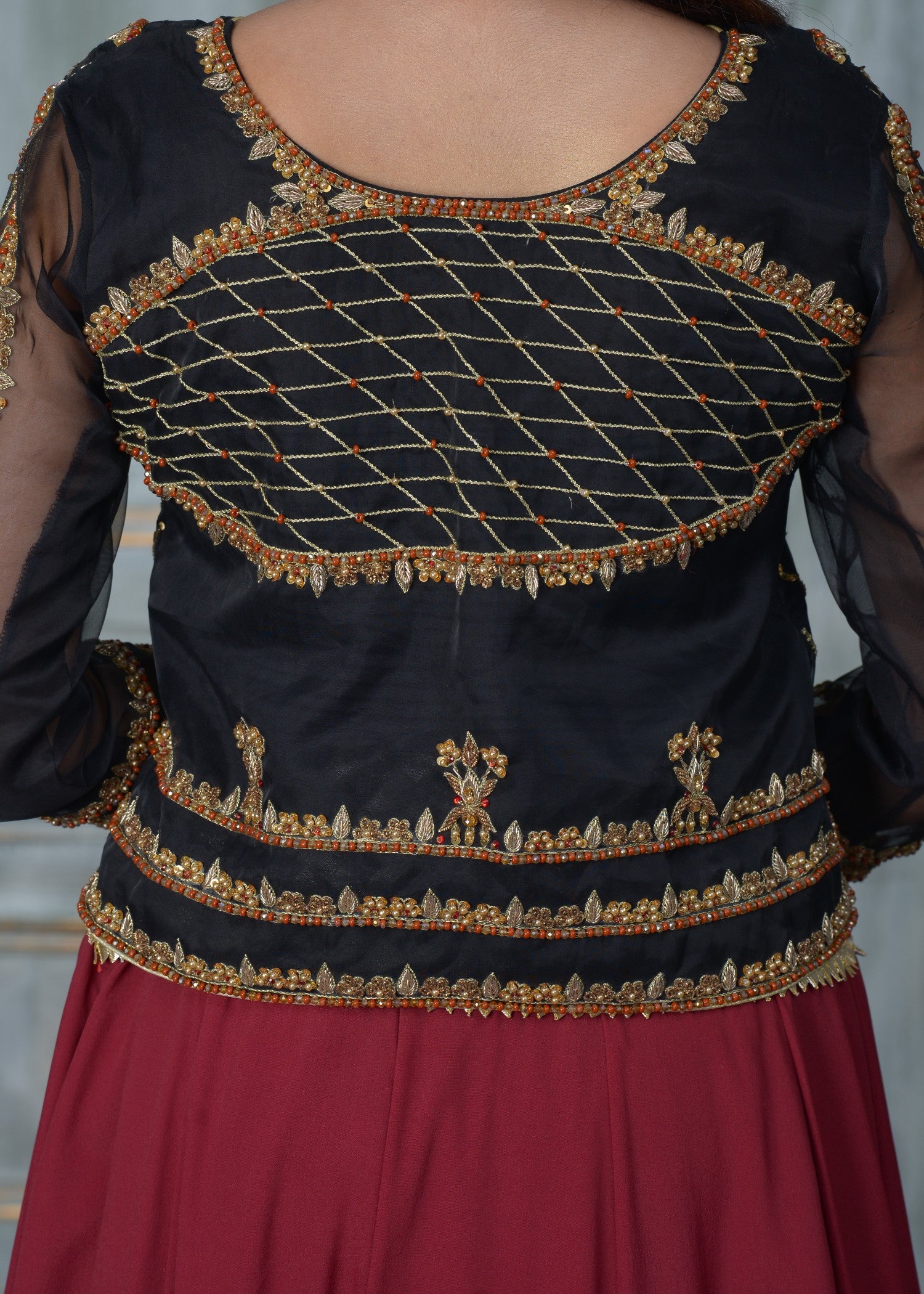 organza Lehenga in Black, maroon