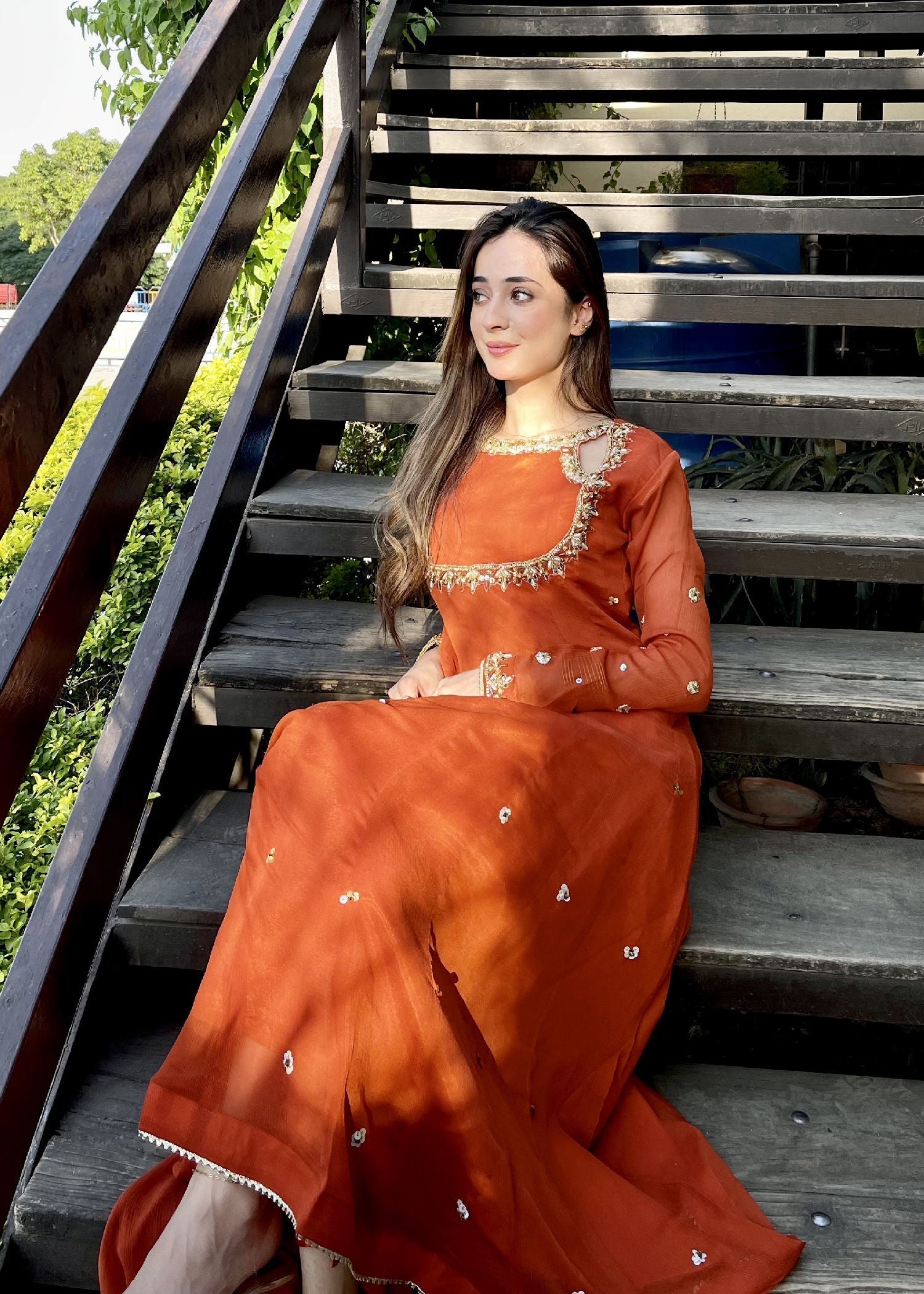 polyester chiffon Maxi in Rust orange