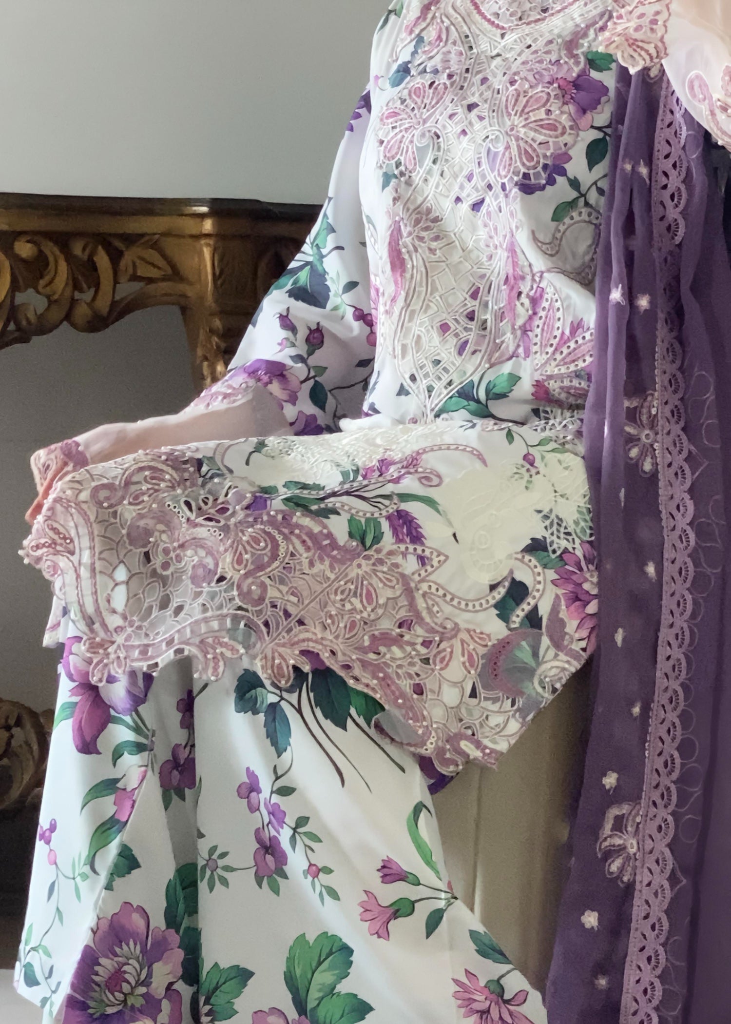 lawn Kurta Set in Purple, white