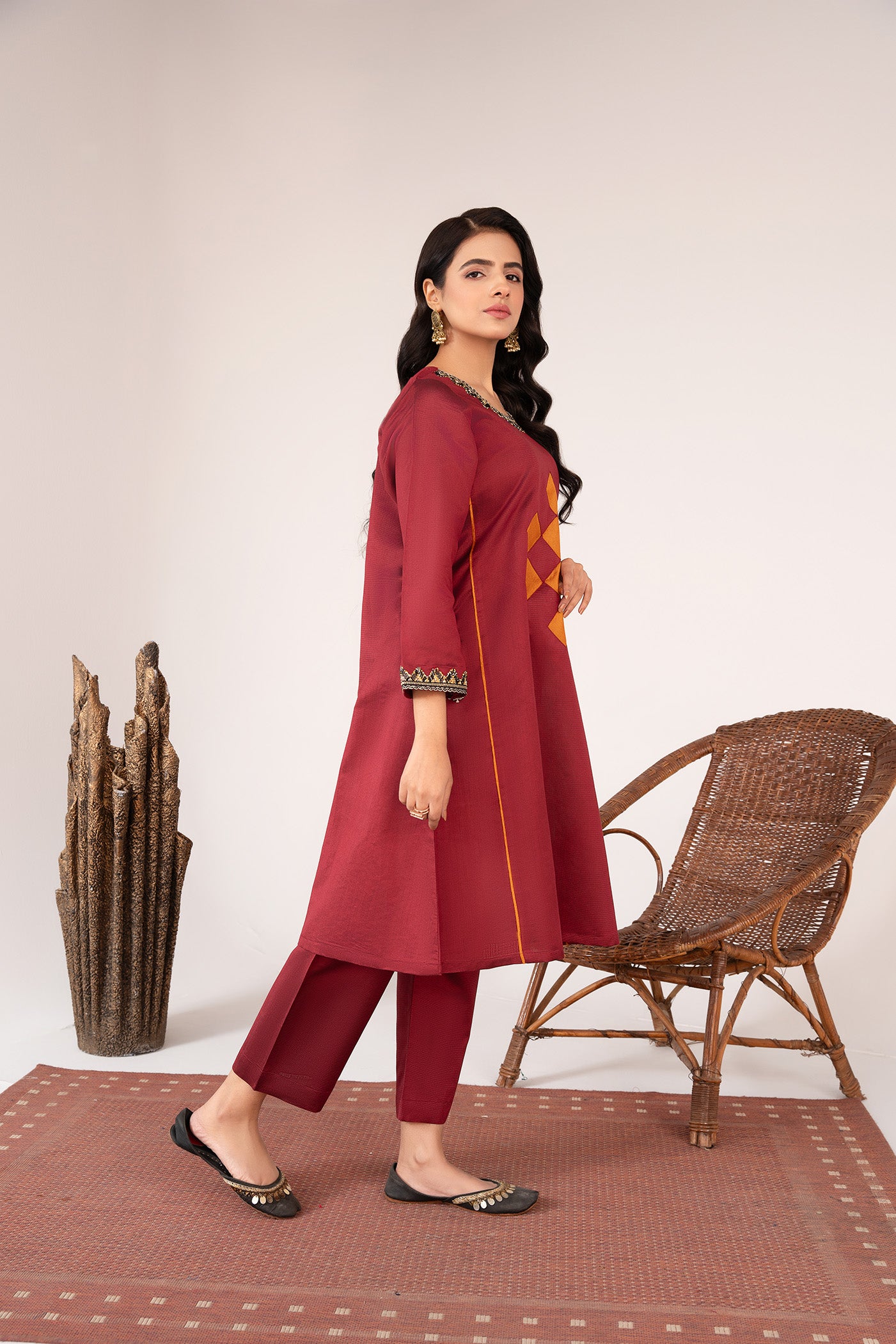 khaddi net Short Frock in Maroon