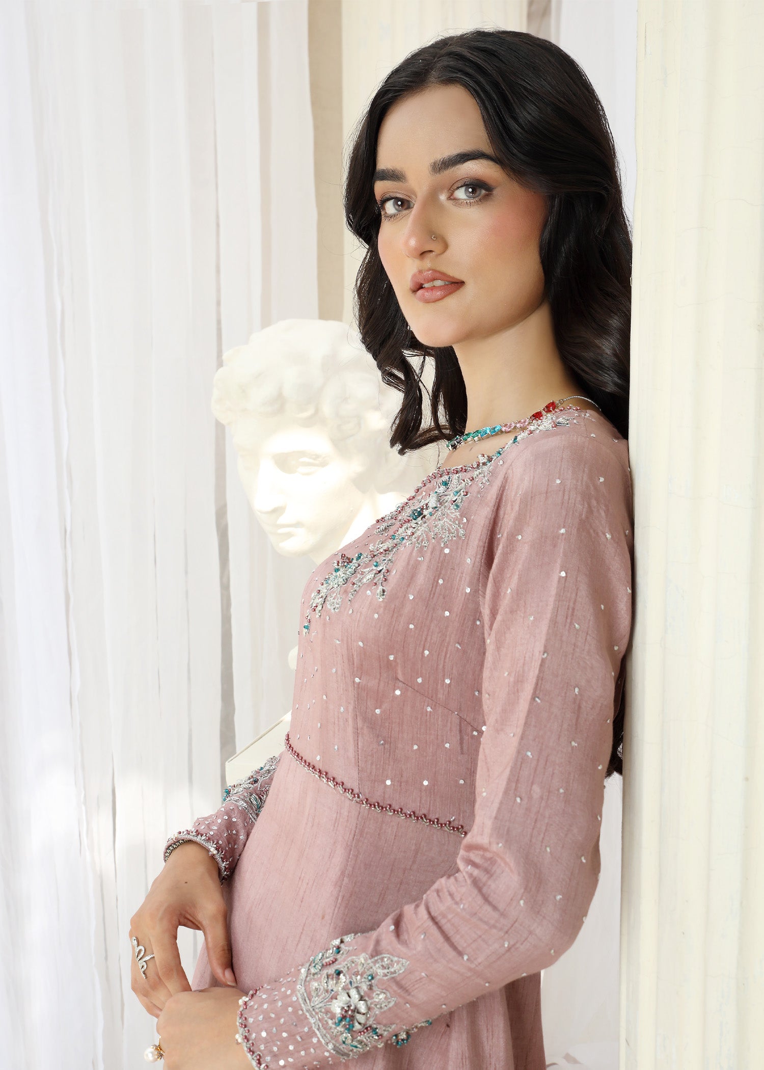 raw silk Pishwas in Mauve pink, blue