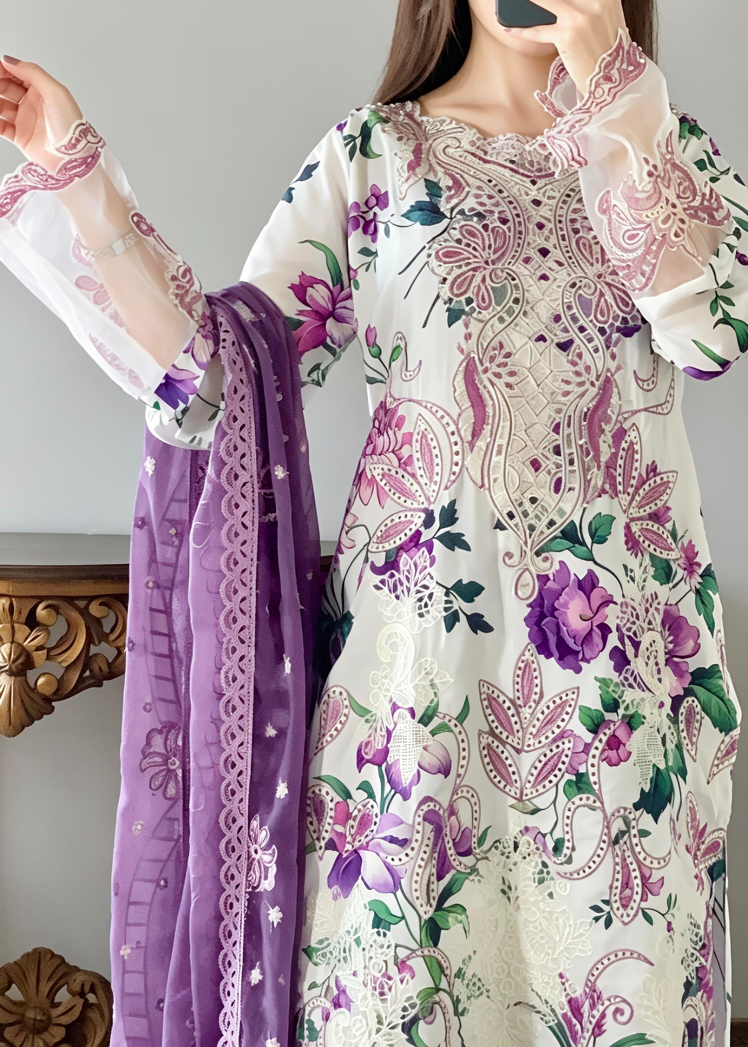 lawn Kurta Set in Purple, white