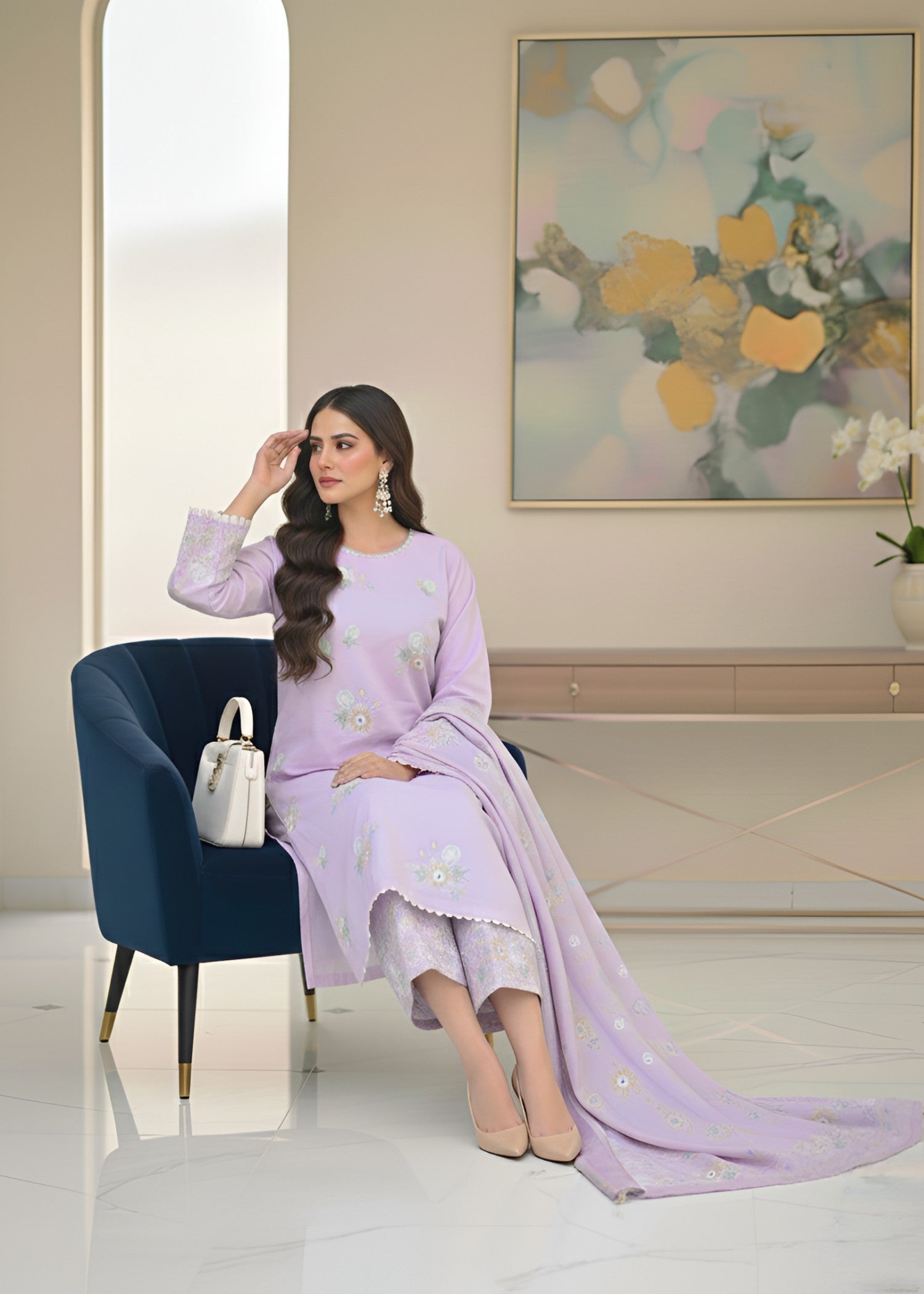 cambric Kurta Set in Lavender mist