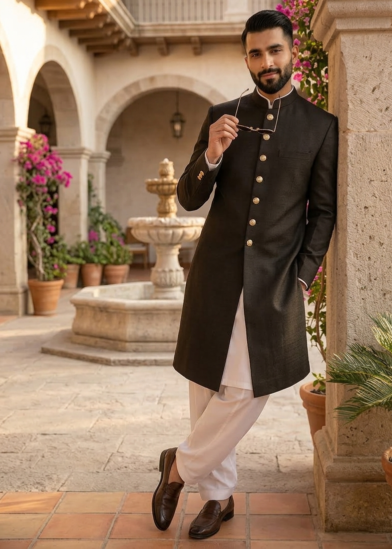 jamawar jacquard Sherwani in Army green