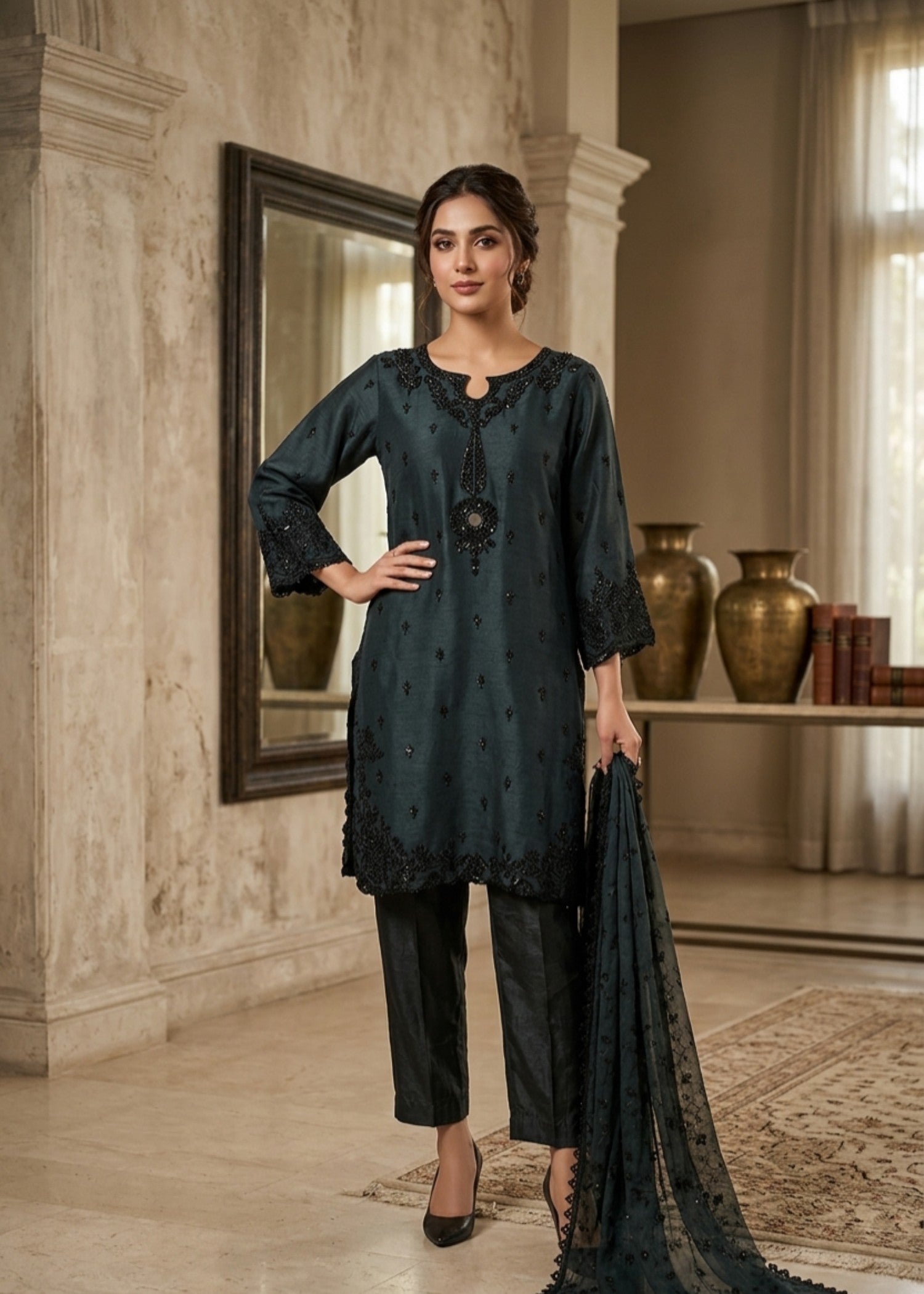 chiffon Kurta Set in Slate grey