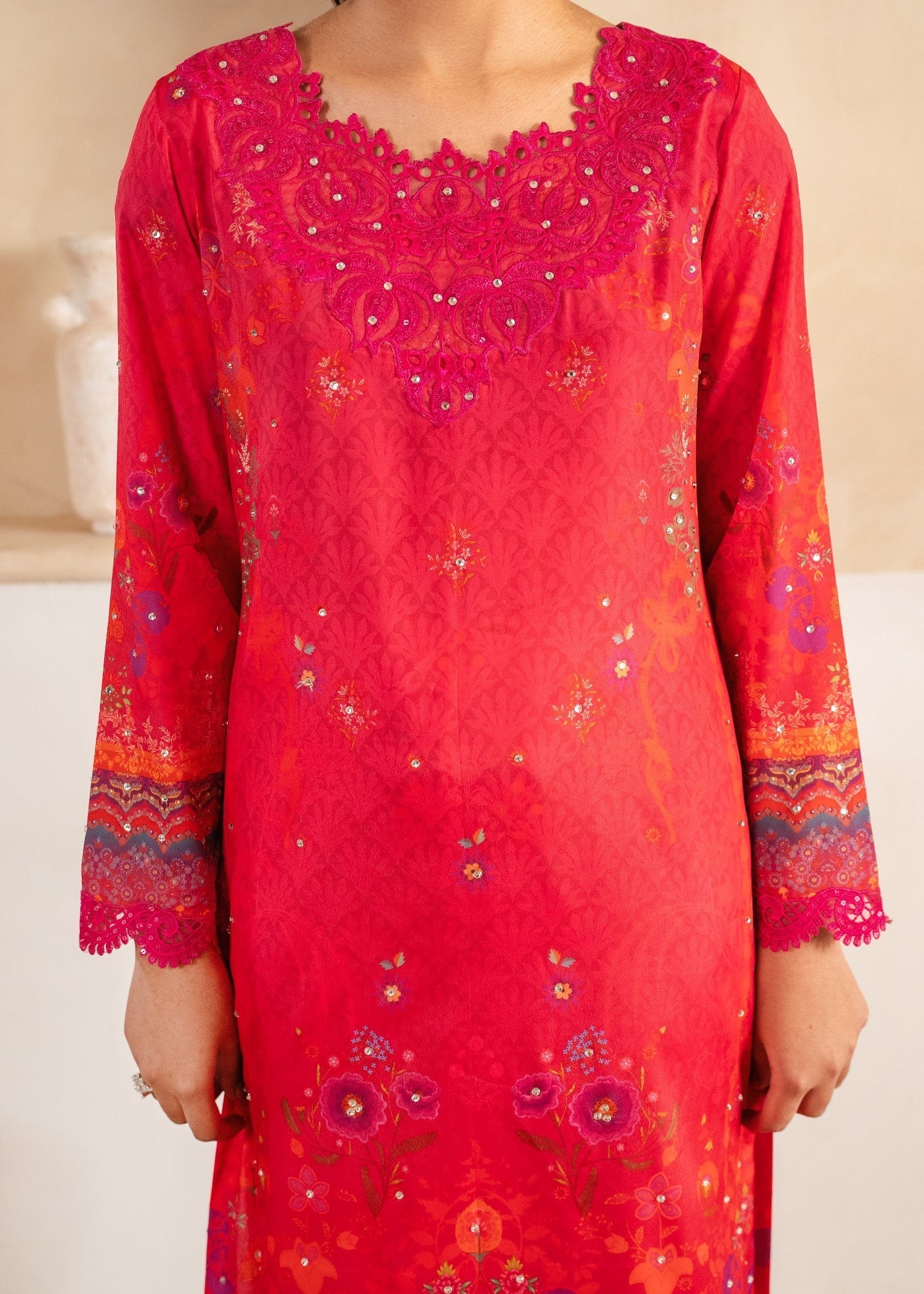 silk crepe Kurta Set in Hot pink
